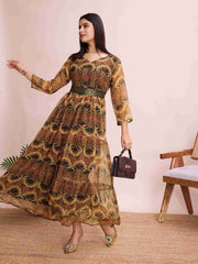 Printed Georgette Maxi Gown with Belt