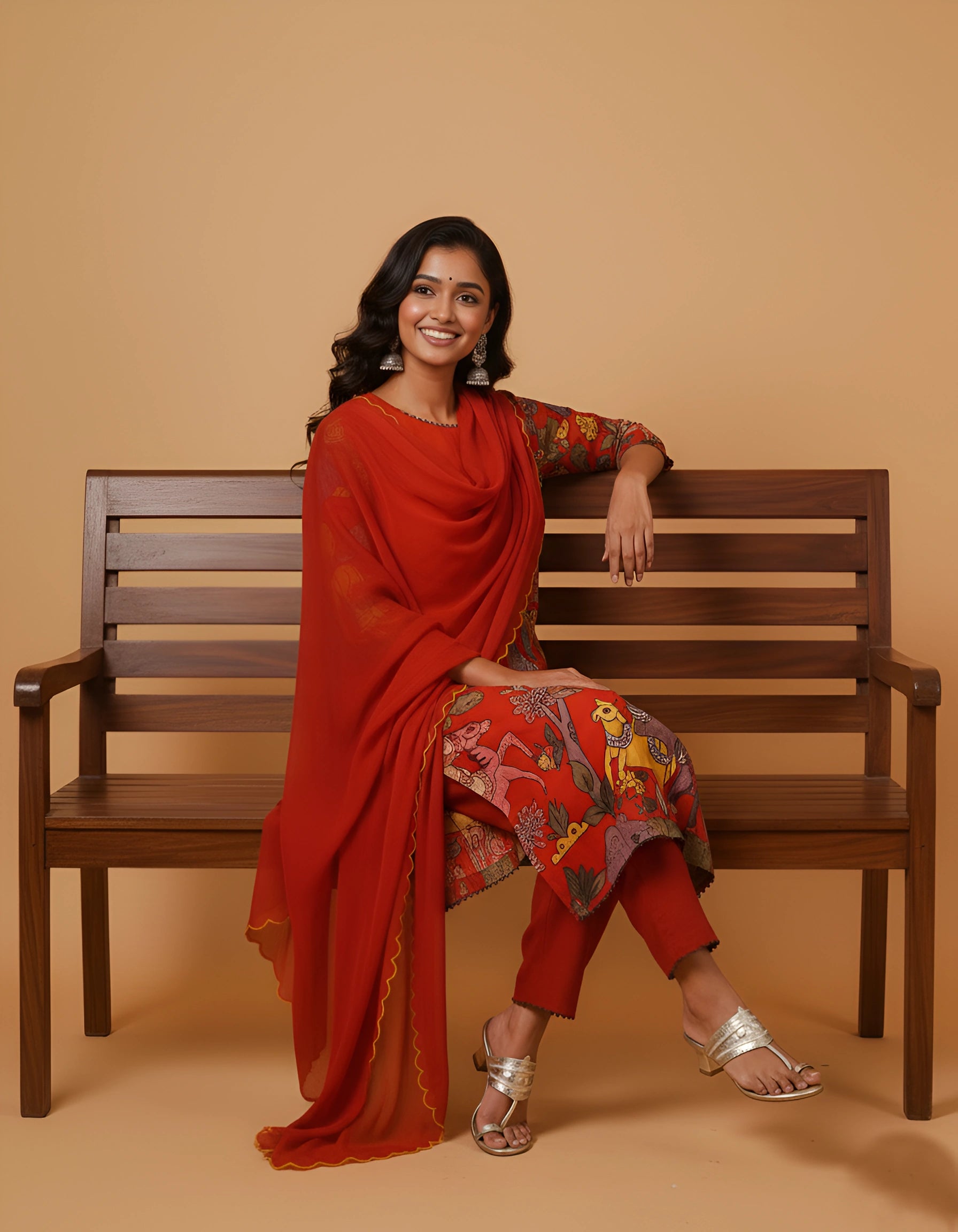 Elegant Red Kalamkari Deer & Elephant Cotton Kurti Set – Floral & Animal Design with Coordinated Dupatta