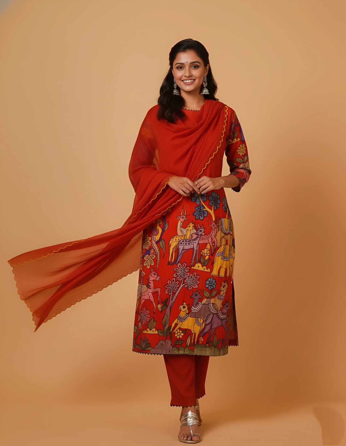 Elegant Red Kalamkari Deer & Elephant Cotton Kurti Set – Floral & Animal Design with Coordinated Dupatta