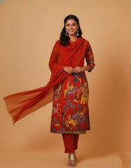 Elegant Red Kalamkari Deer & Elephant Cotton Kurti Set – Floral & Animal Design with Coordinated Dupatta