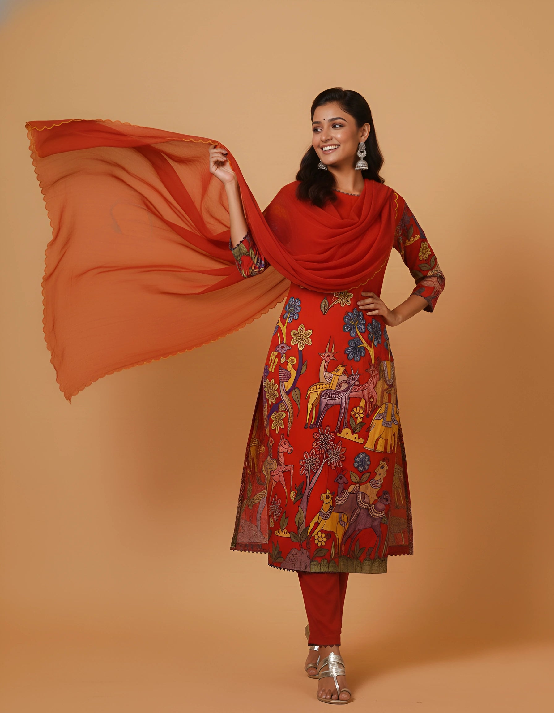 Elegant Red Kalamkari Deer & Elephant Cotton Kurti Set – Floral & Animal Design with Coordinated Dupatta