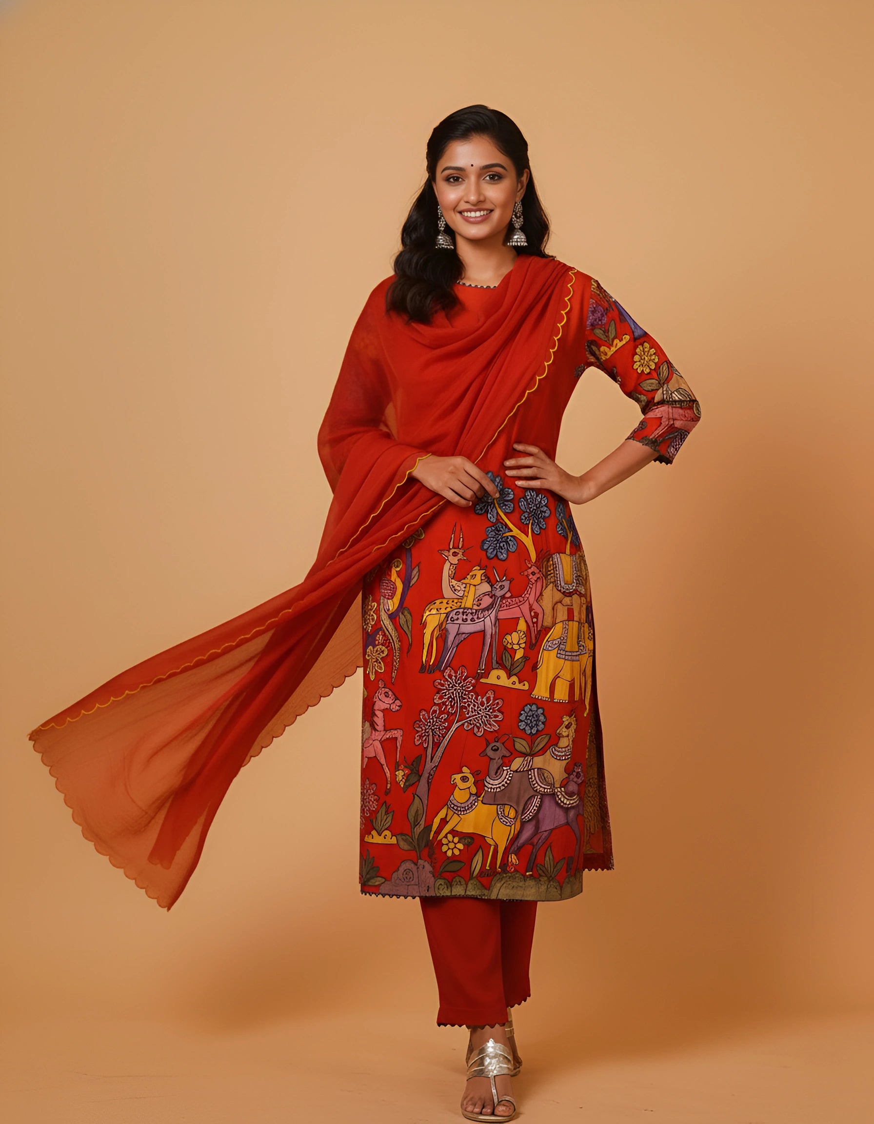 Elegant Red Kalamkari Deer & Elephant Cotton Kurti Set – Floral & Animal Design with Coordinated Dupatta