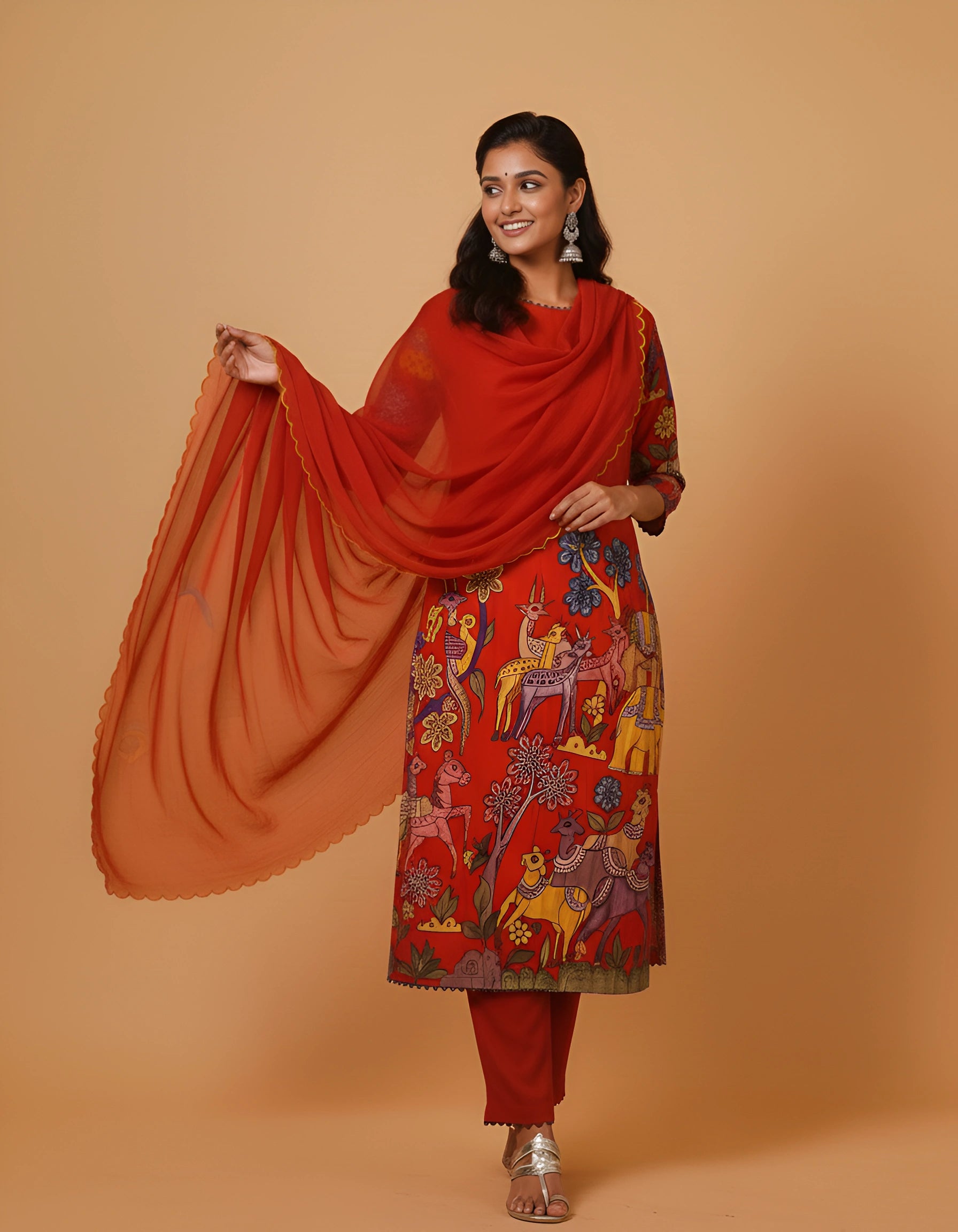 Elegant Red Kalamkari Deer & Elephant Cotton Kurti Set – Floral & Animal Design with Coordinated Dupatta