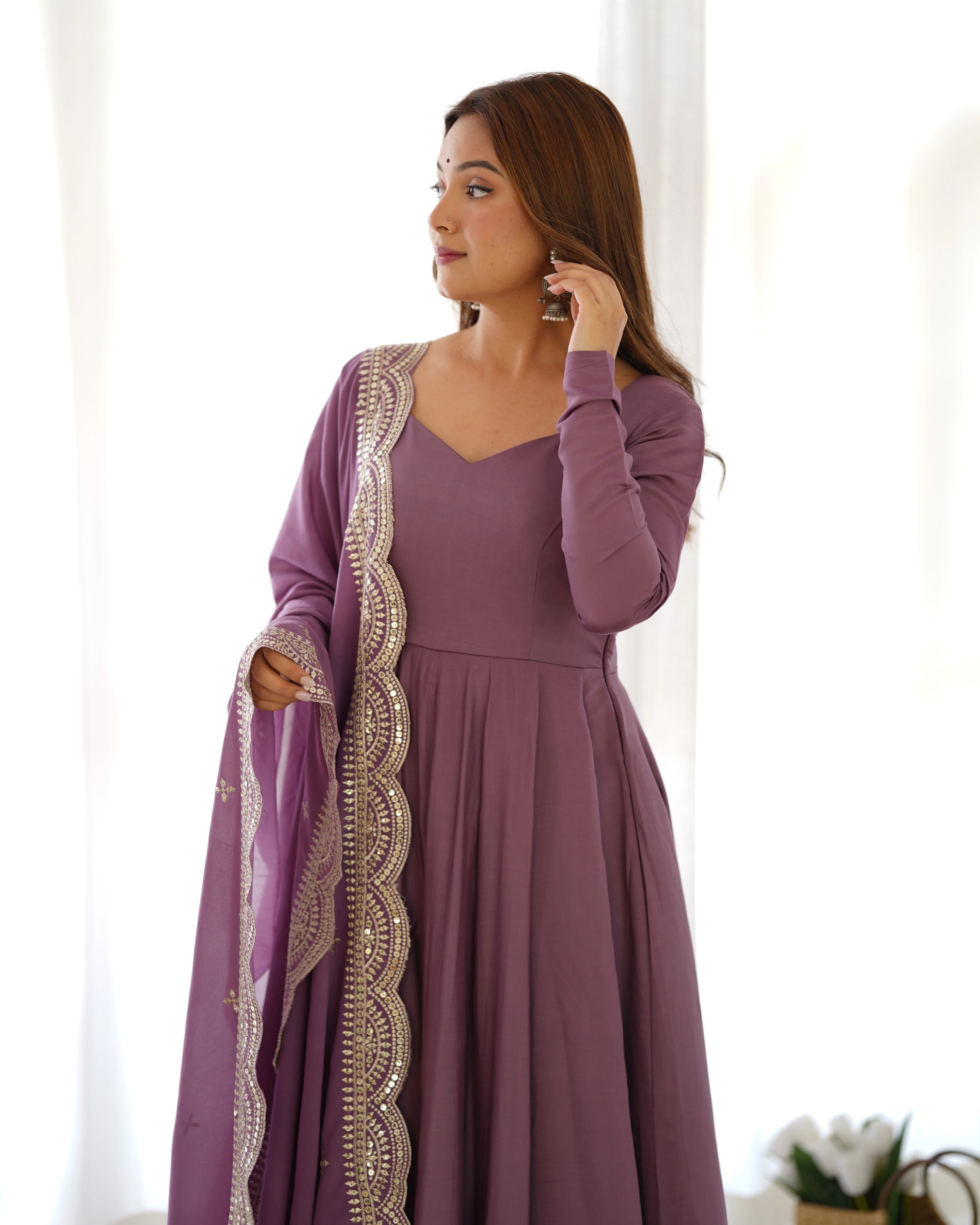 Graceful Mauve Pink Roman Silk Chanderi Gown with Designer Dupatta