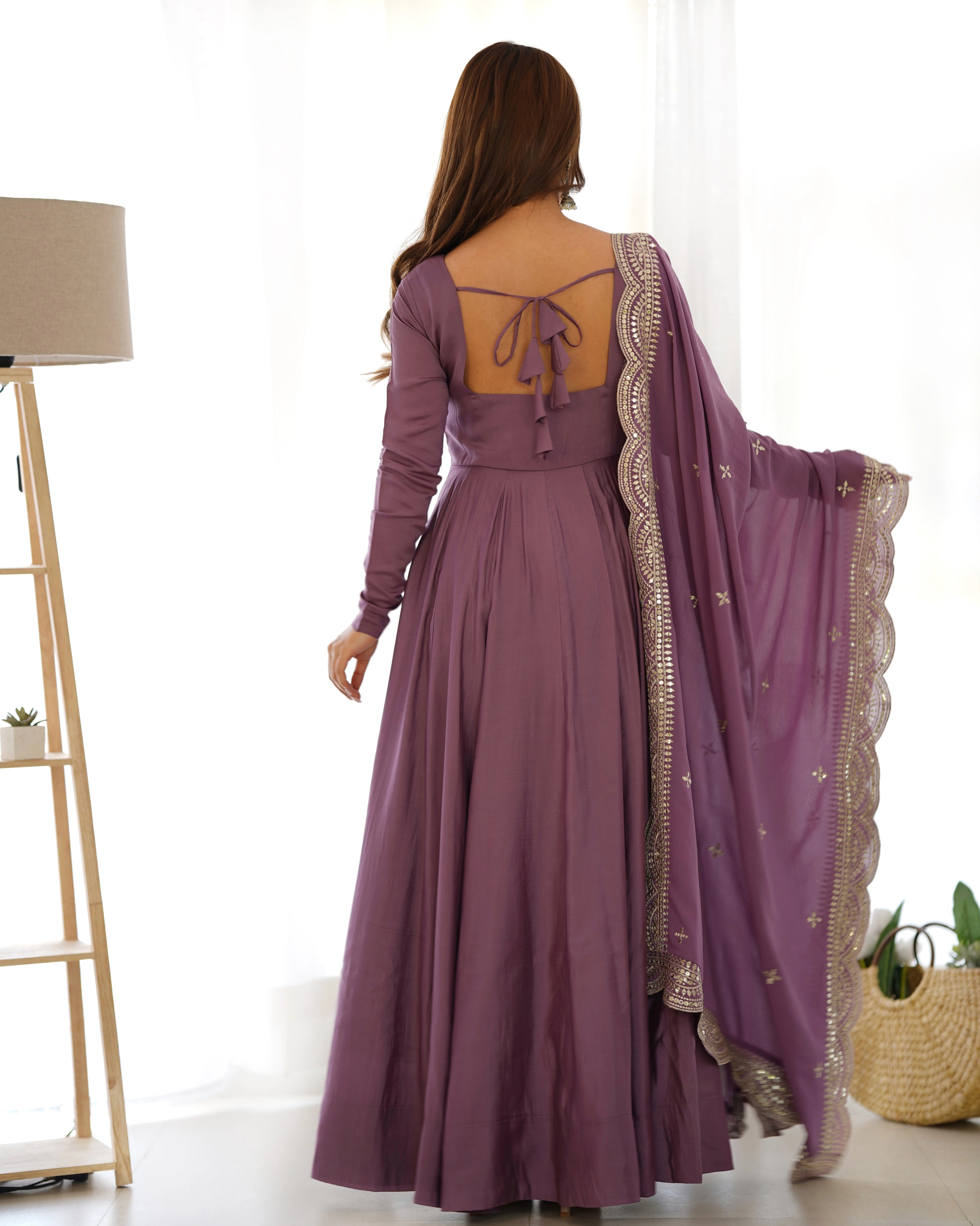 Graceful Mauve Pink Roman Silk Chanderi Gown with Designer Dupatta