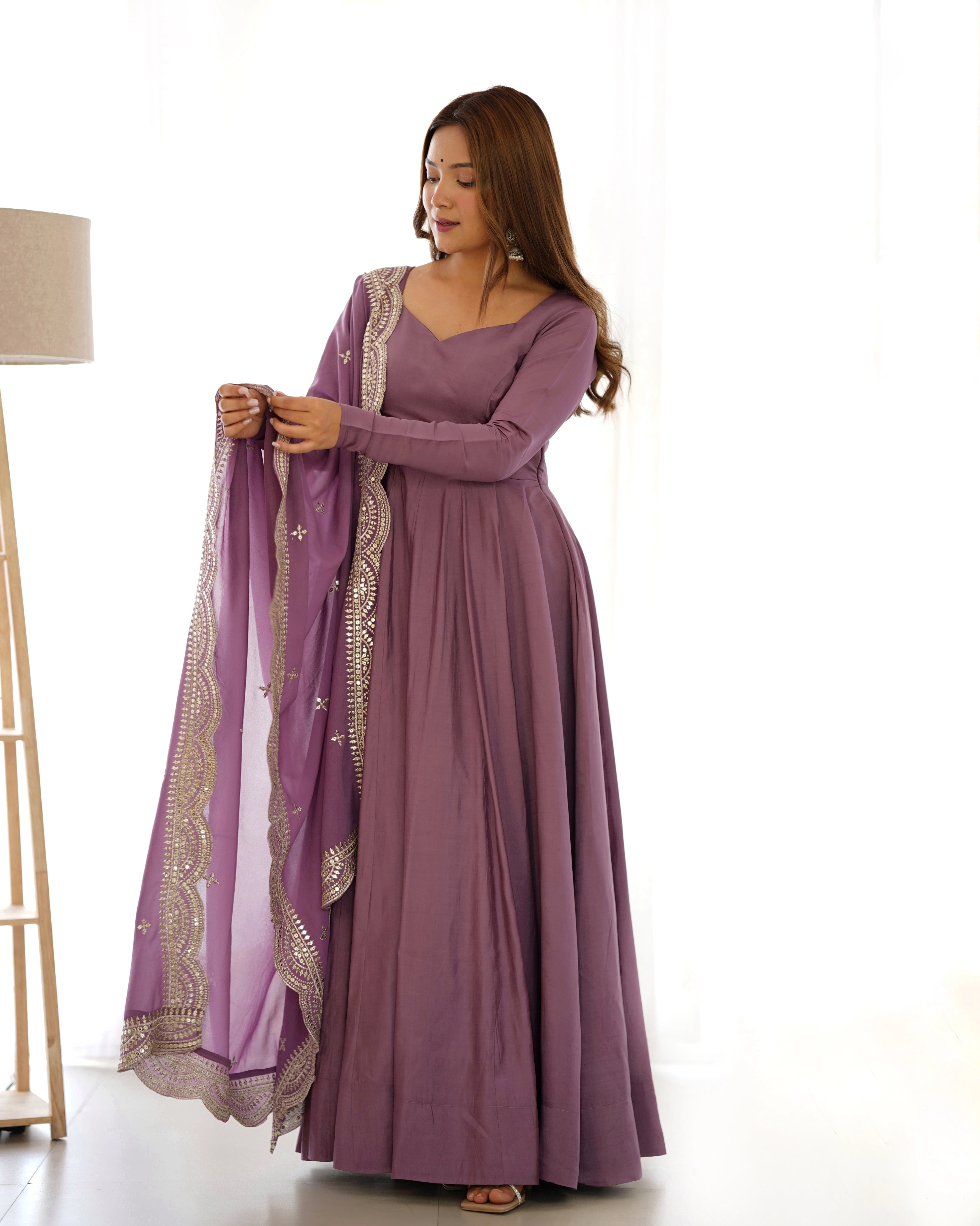 Graceful Mauve Pink Roman Silk Chanderi Gown with Designer Dupatta