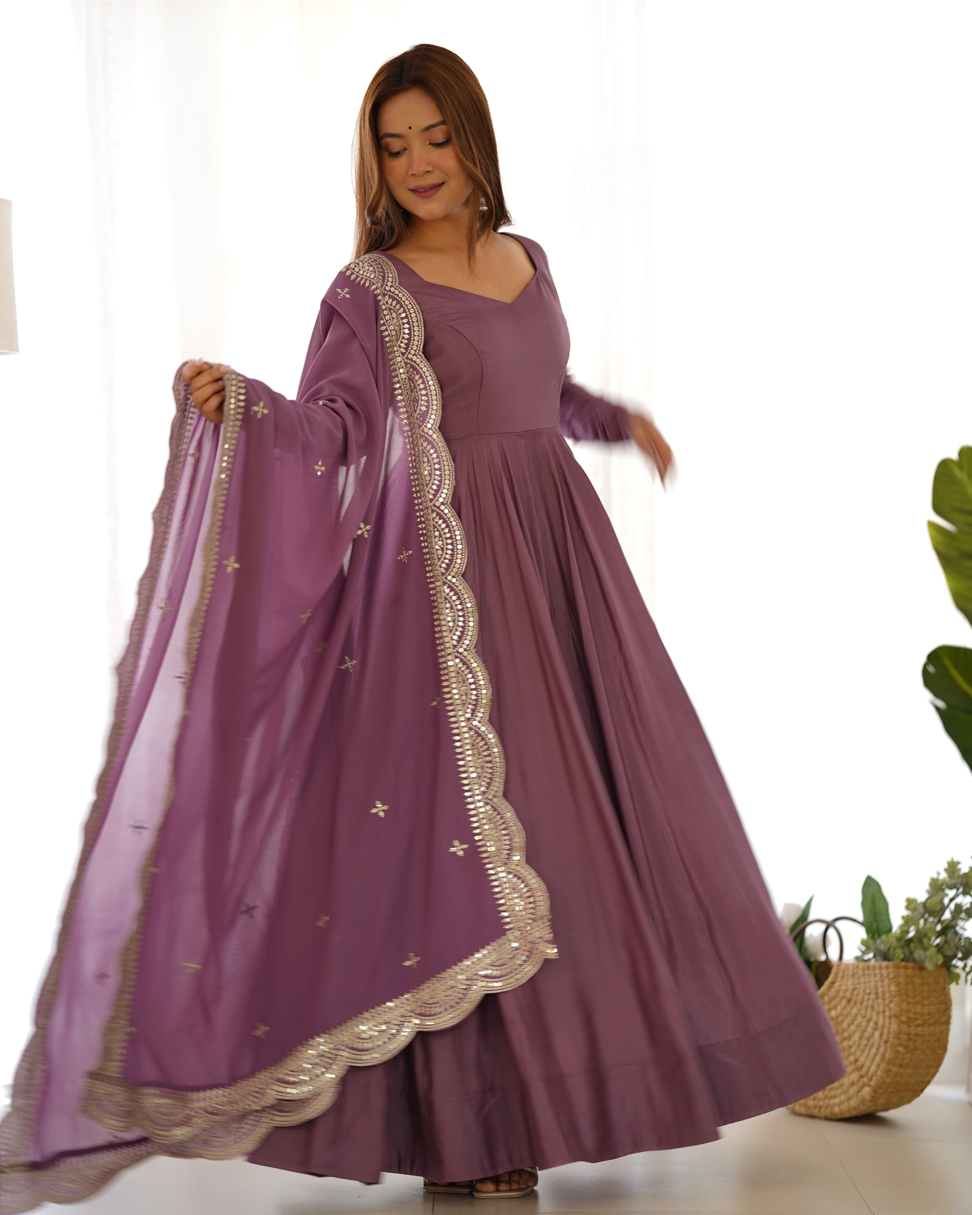 Graceful Mauve Pink Roman Silk Chanderi Gown with Designer Dupatta