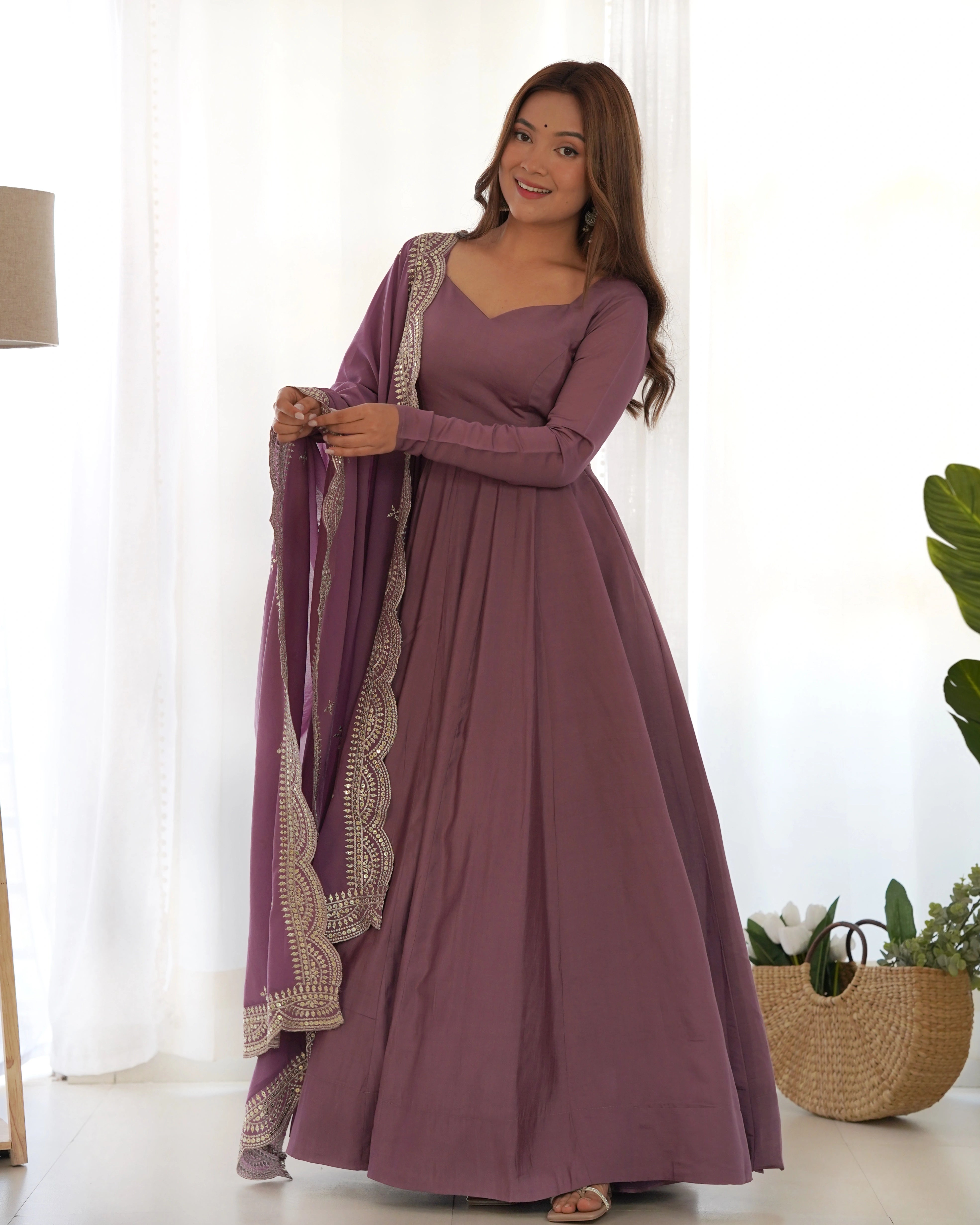 Graceful Mauve Pink Roman Silk Chanderi Gown with Designer Dupatta