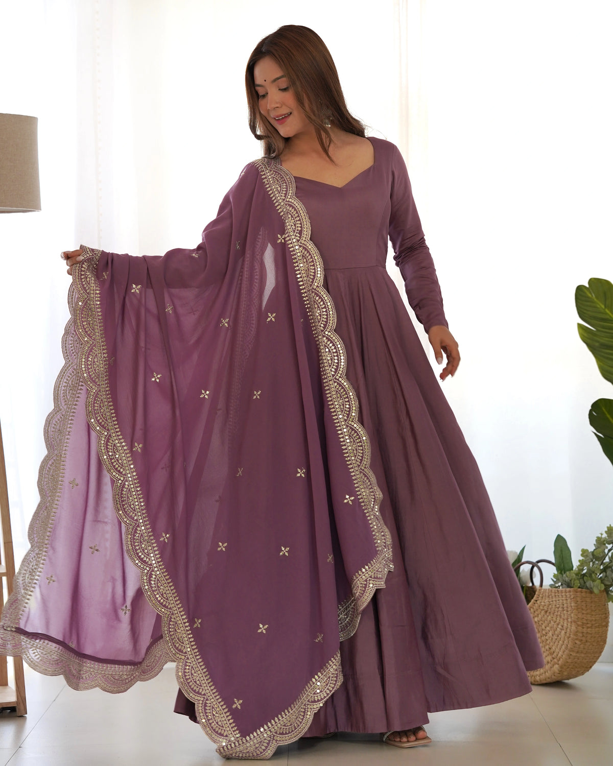 Graceful Mauve Pink Roman Silk Chanderi Gown with Designer Dupatta