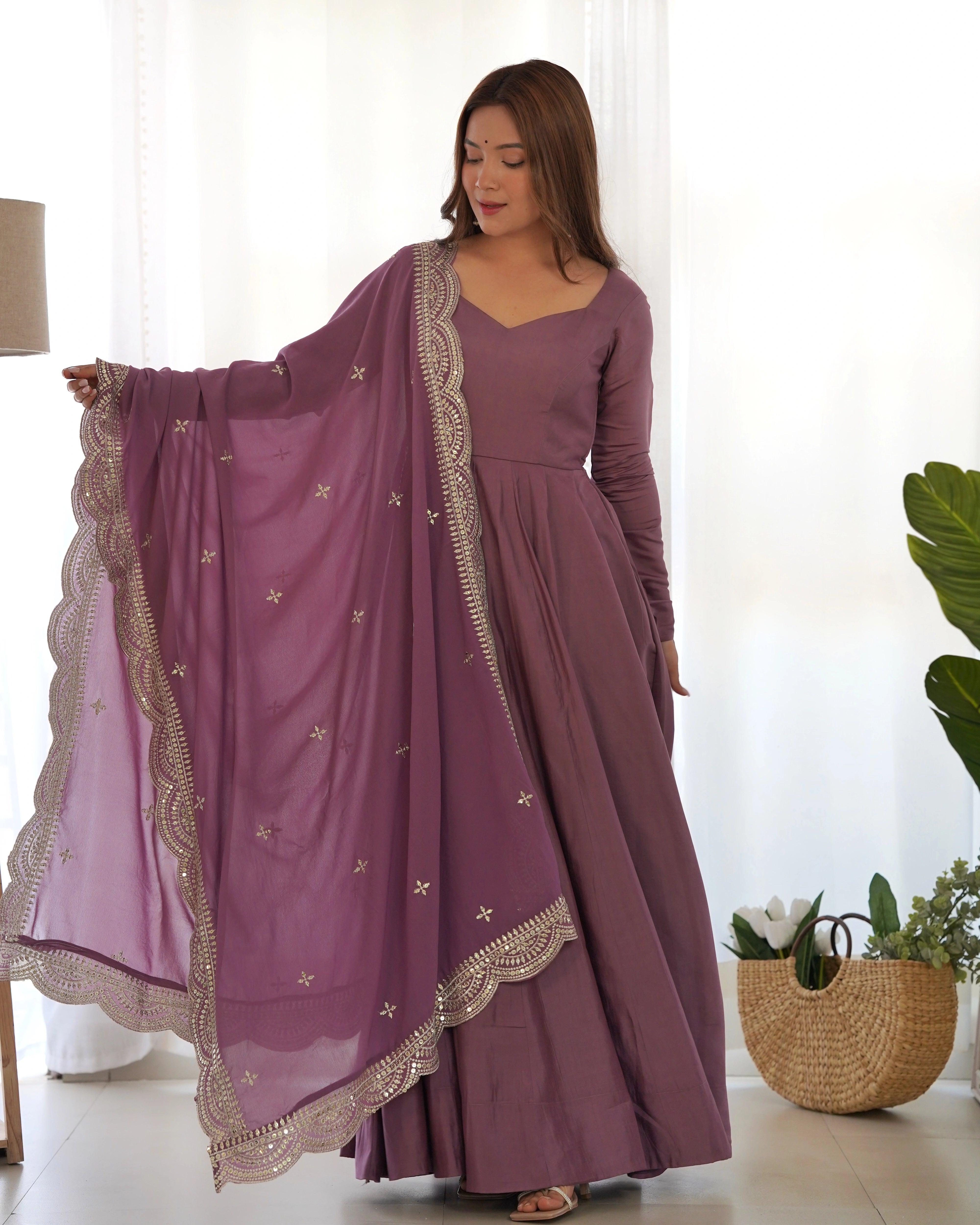 Graceful Mauve Pink Roman Silk Chanderi Gown with Designer Dupatta