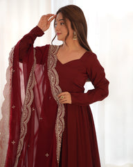 Elegant Maroon Roman Silk Chanderi Anarkali Suit with Embroidered Dupatta