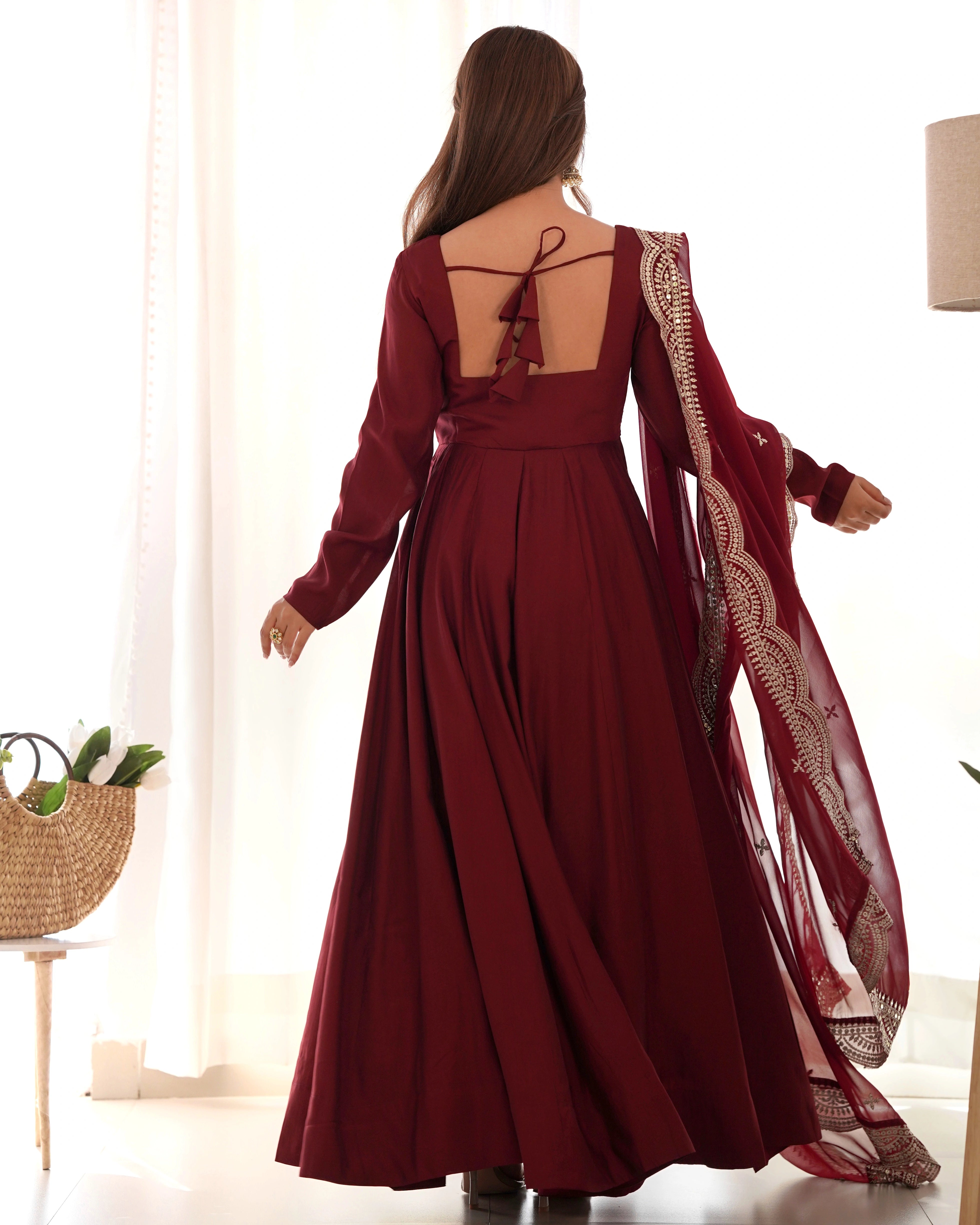 Elegant Maroon Roman Silk Chanderi Anarkali Suit with Embroidered Dupatta