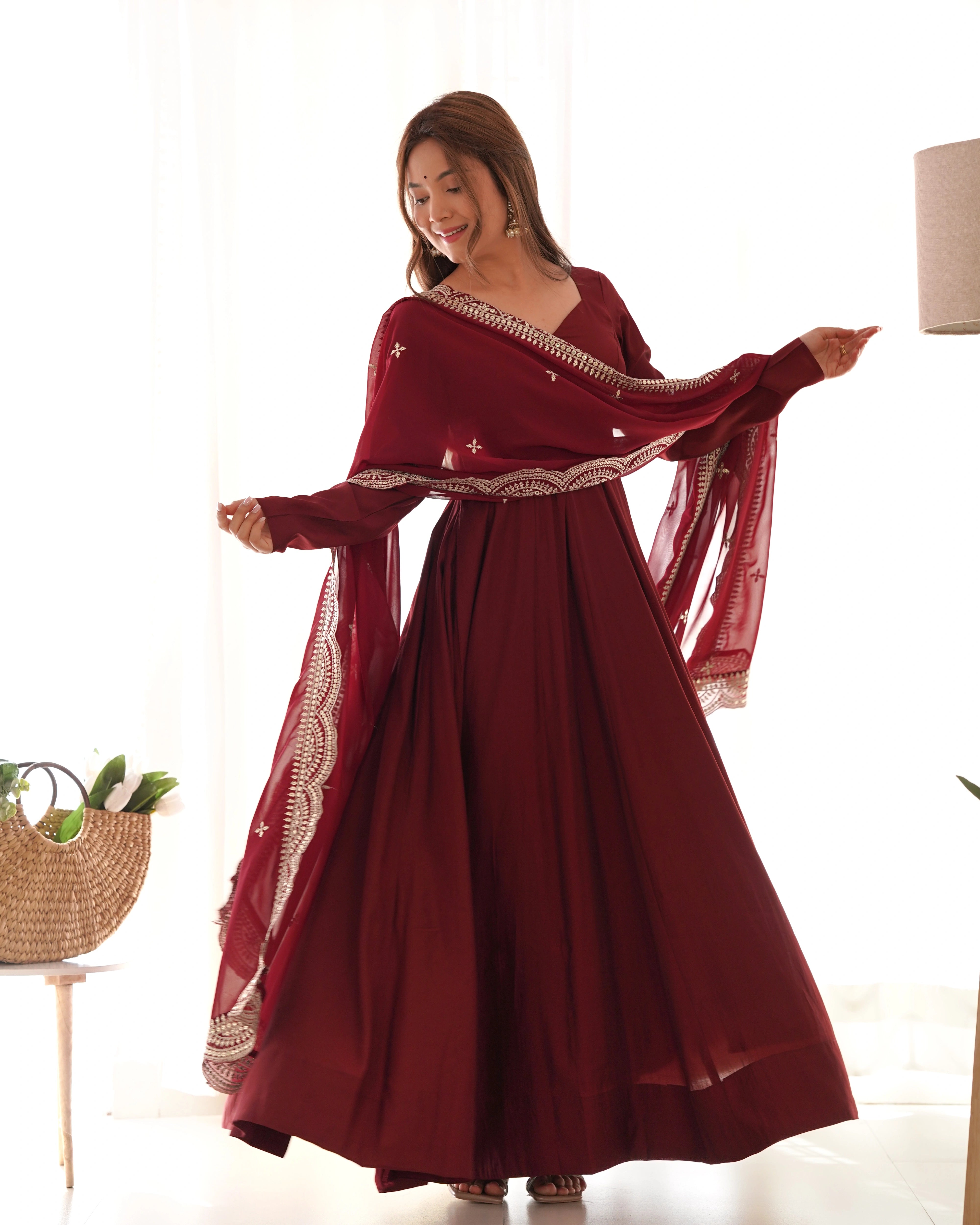 Elegant Maroon Roman Silk Chanderi Anarkali Suit with Embroidered Dupatta