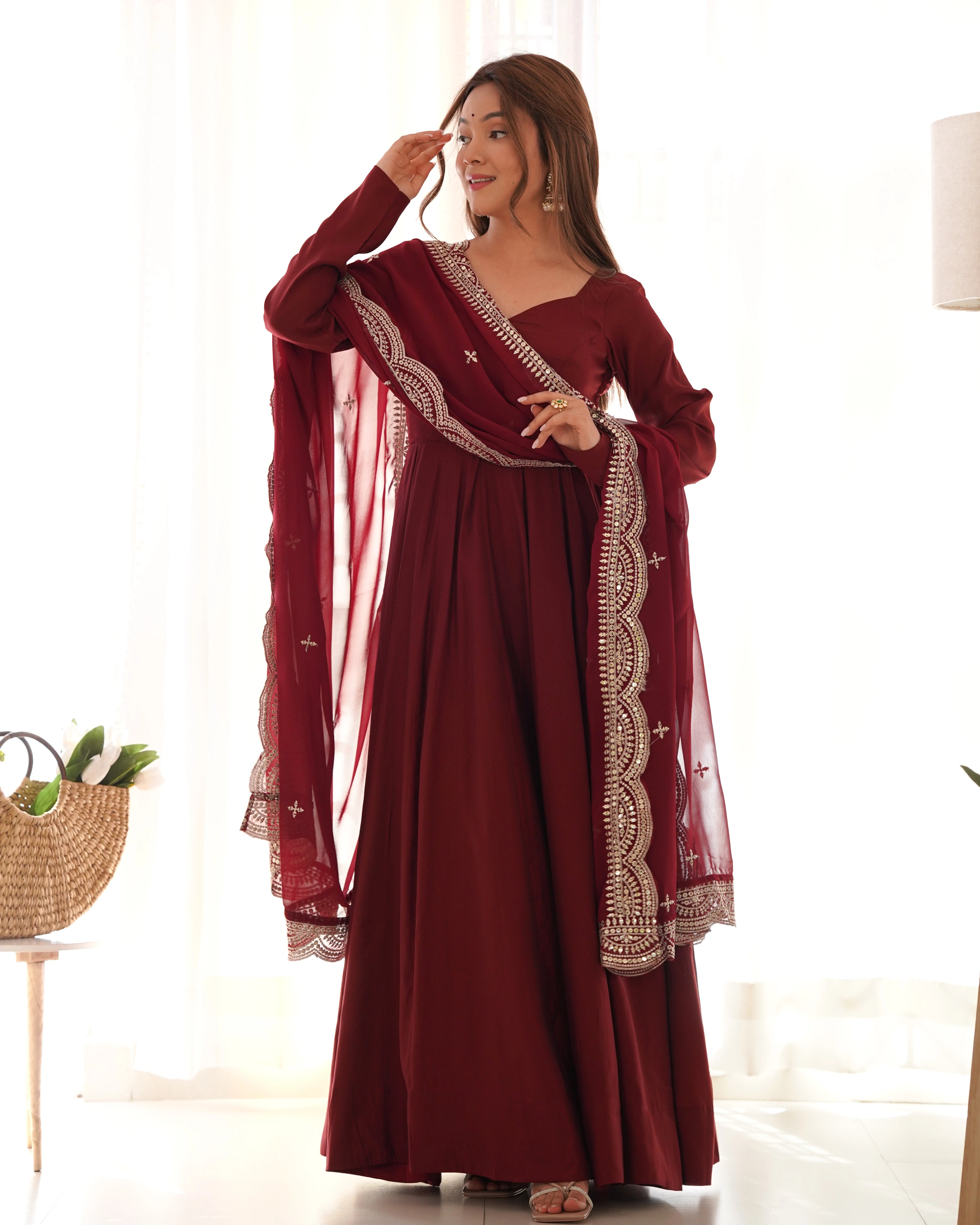 Elegant Maroon Roman Silk Chanderi Anarkali Suit with Embroidered Dupatta