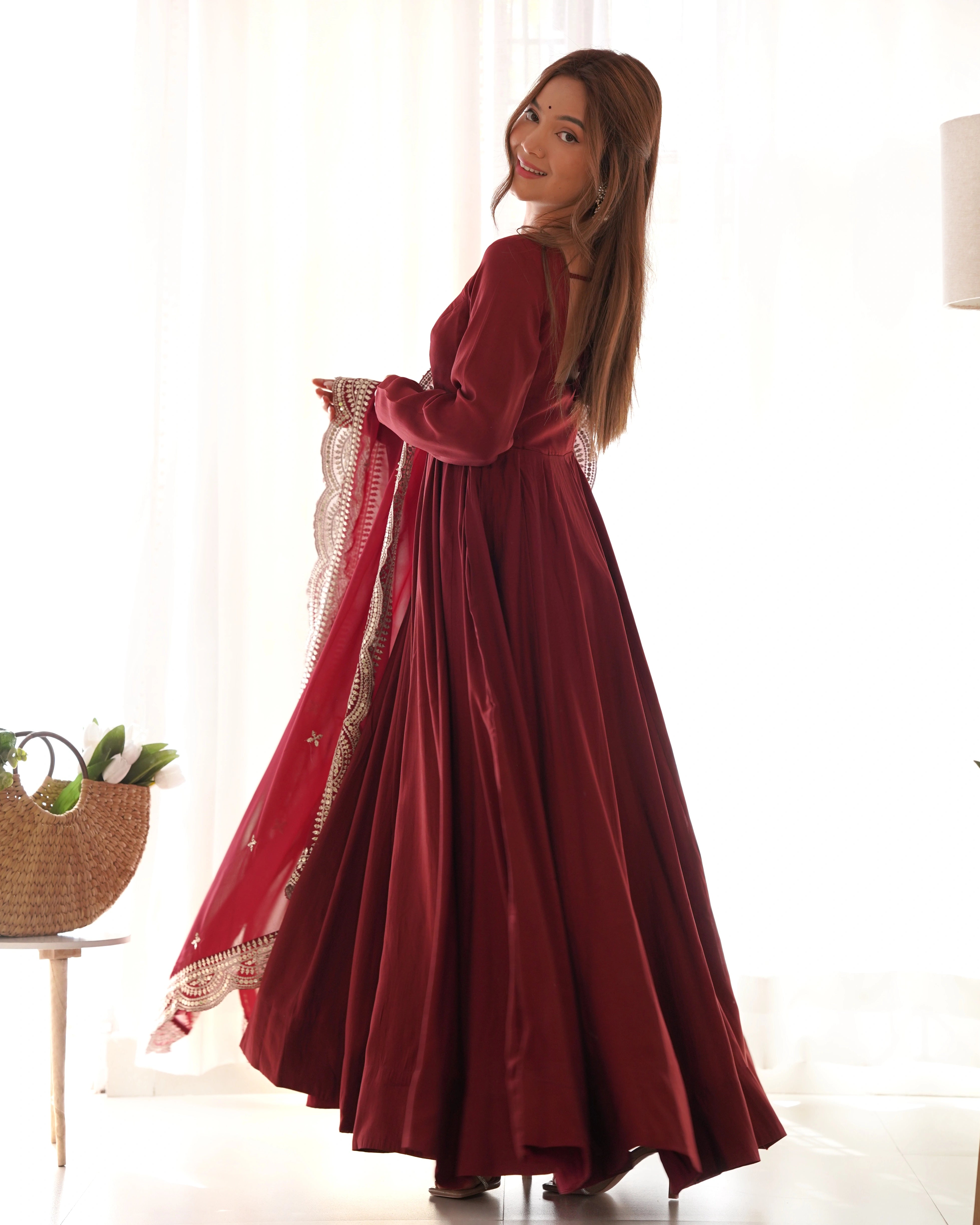 Elegant Maroon Roman Silk Chanderi Anarkali Suit with Embroidered Dupatta