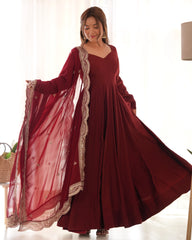 Elegant Maroon Roman Silk Chanderi Anarkali Suit with Embroidered Dupatta