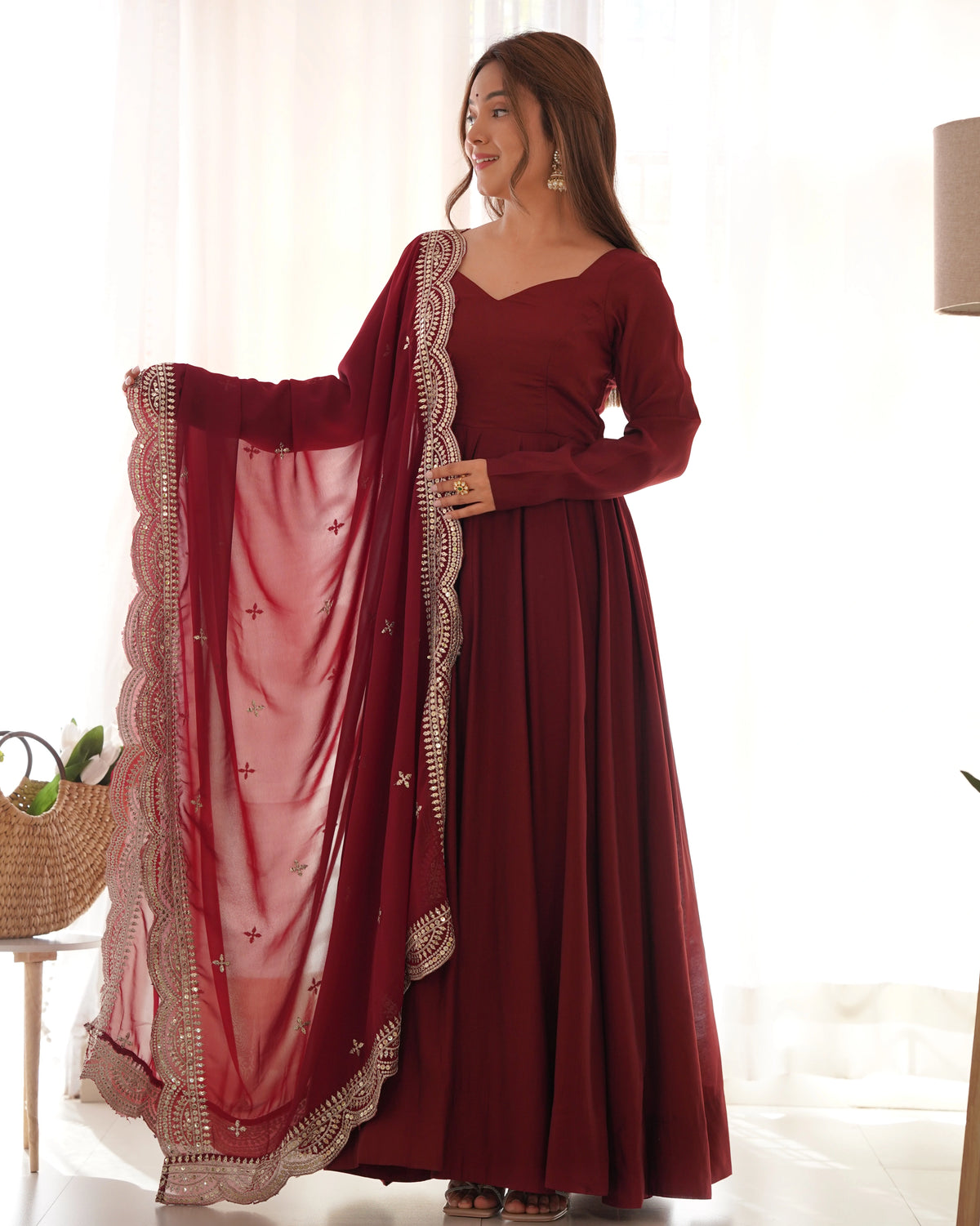 Elegant Maroon Roman Silk Chanderi Anarkali Suit with Embroidered Dupatta