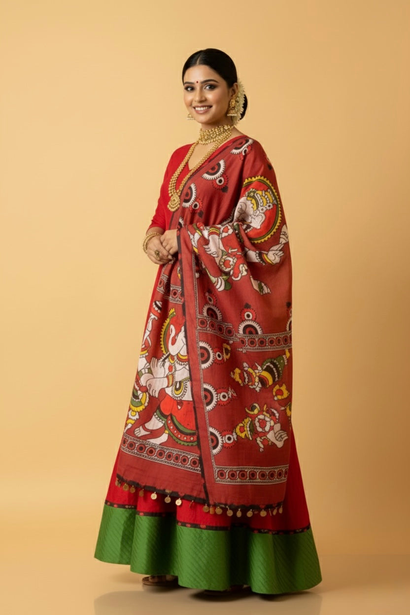 Kalamkari Ganesha Cotton Kurta Set with Dupatta & Pants – Traditional Printed Indian Ethnic Wear