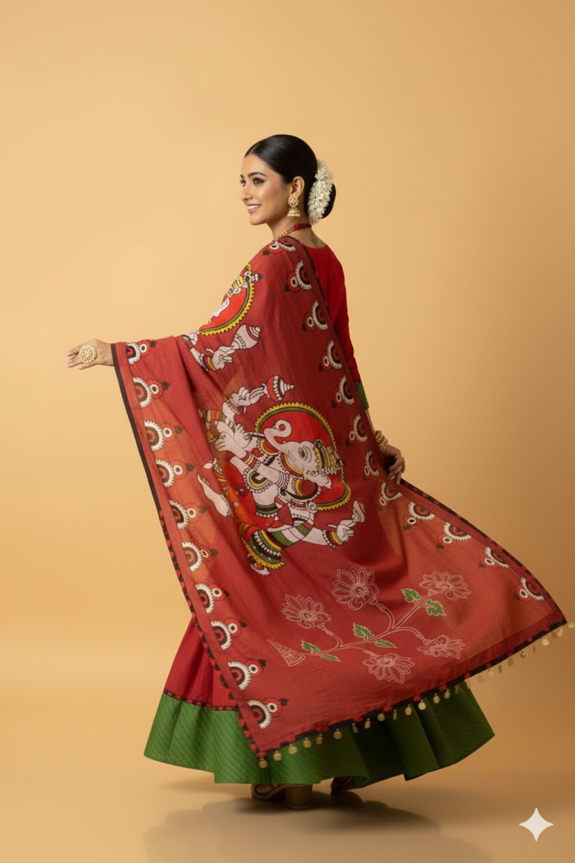 Kalamkari Ganesha Cotton Kurta Set with Dupatta & Pants – Traditional Printed Indian Ethnic Wear