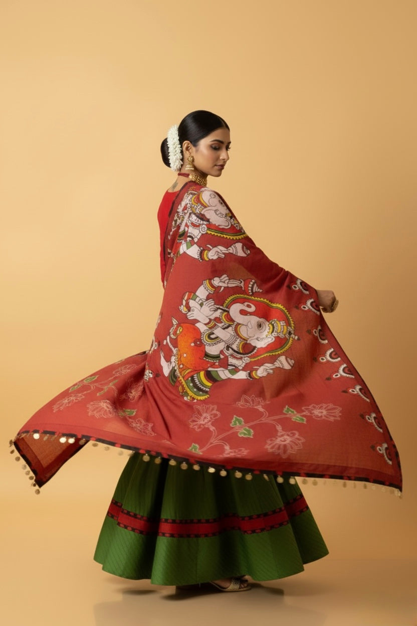Kalamkari Ganesha Cotton Kurta Set with Dupatta & Pants – Traditional Printed Indian Ethnic Wear