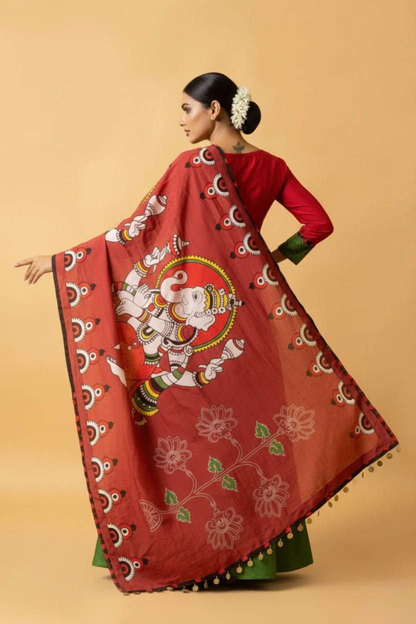 Kalamkari Ganesha Cotton Kurta Set with Dupatta & Pants – Traditional Printed Indian Ethnic Wear