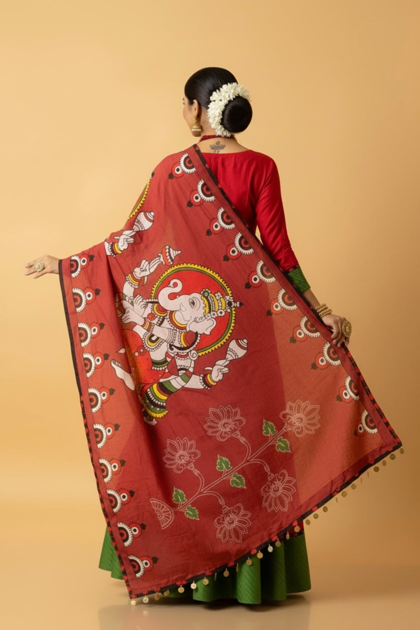 Kalamkari Ganesha Cotton Kurta Set with Dupatta & Pants – Traditional Printed Indian Ethnic Wear