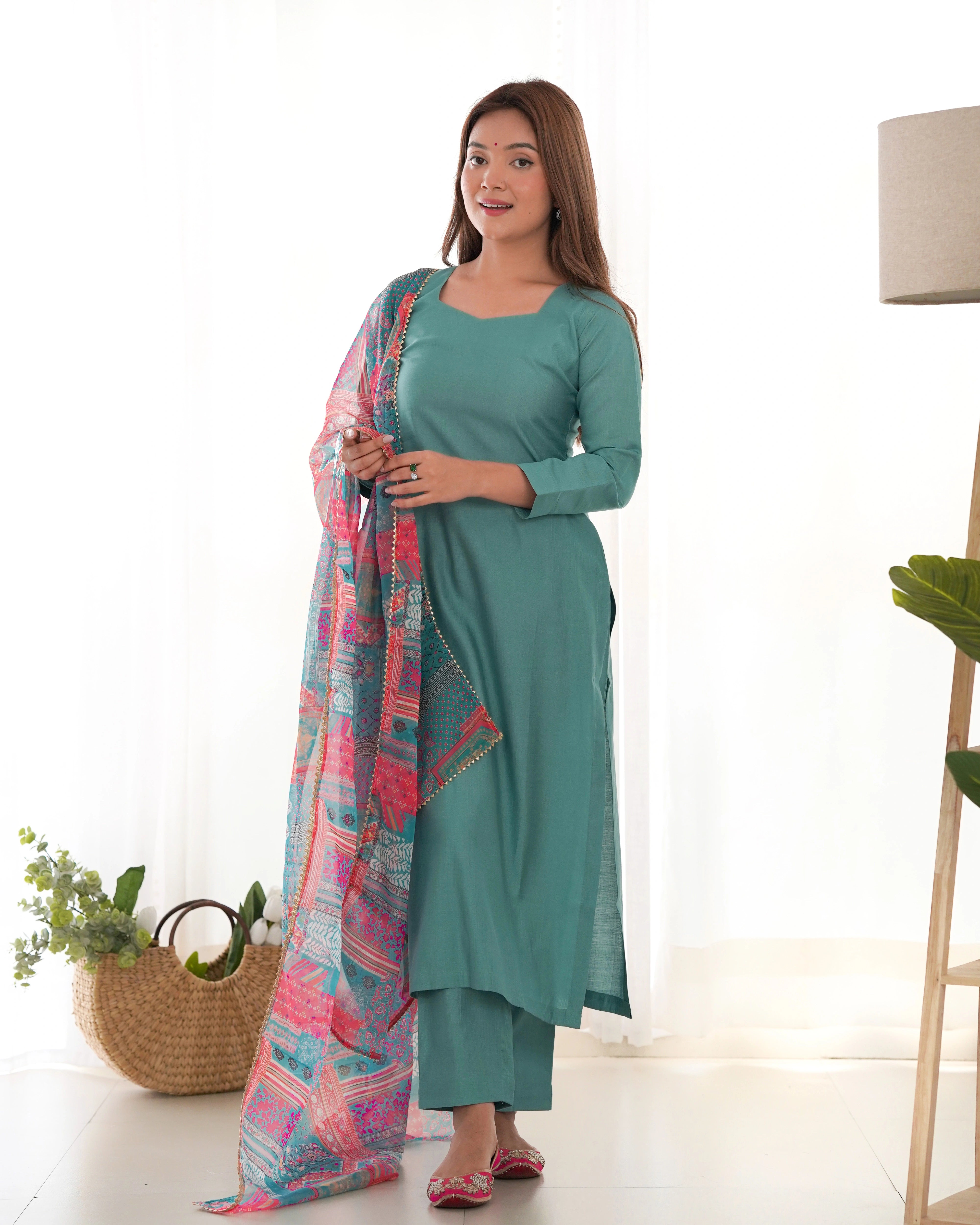 Graceful Sea Green Viscose Kurta Set with Vibrant Floral Organza Dupatta