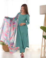 Graceful Sea Green Viscose Kurta Set with Vibrant Floral Organza Dupatta