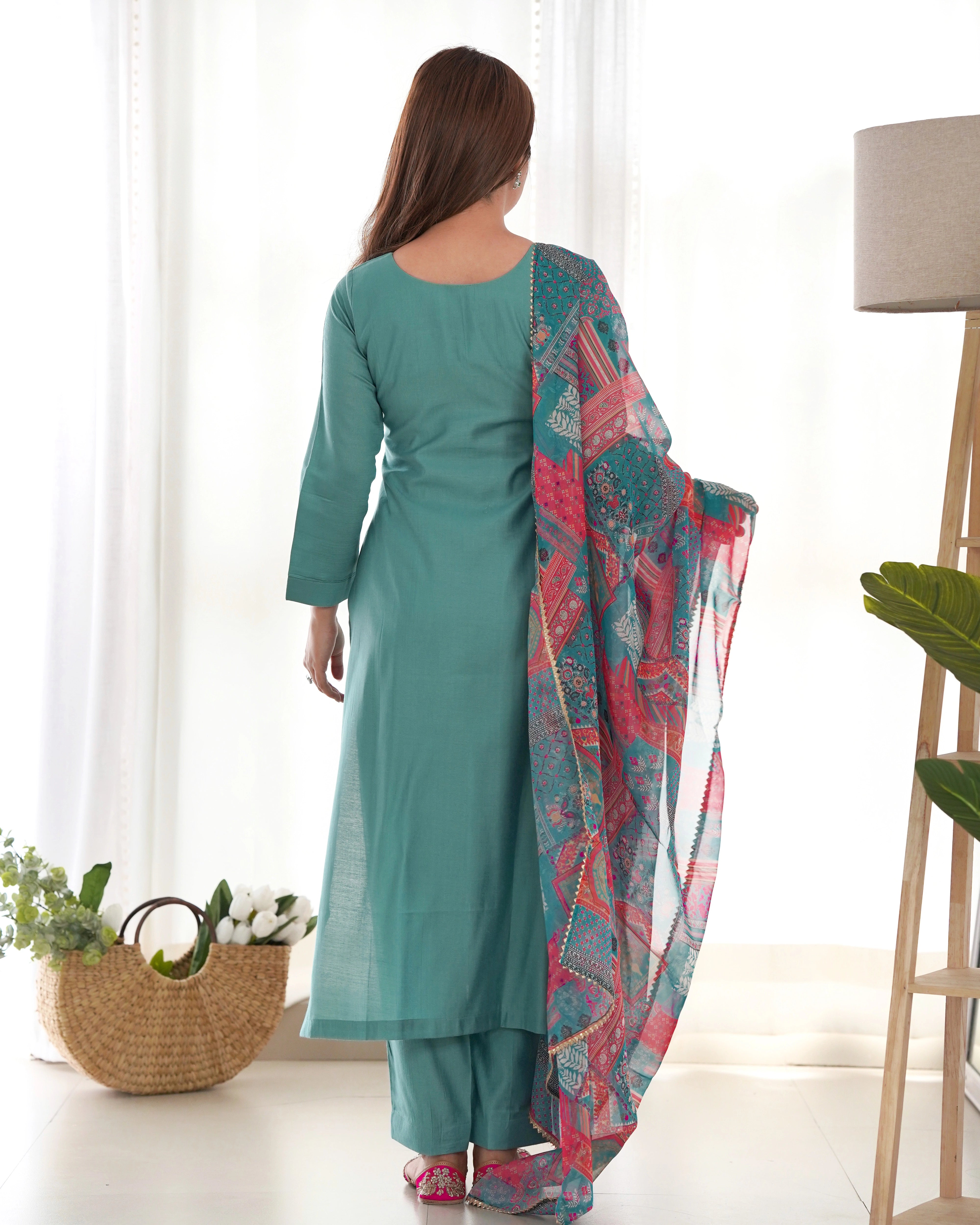 Graceful Sea Green Viscose Kurta Set with Vibrant Floral Organza Dupatta