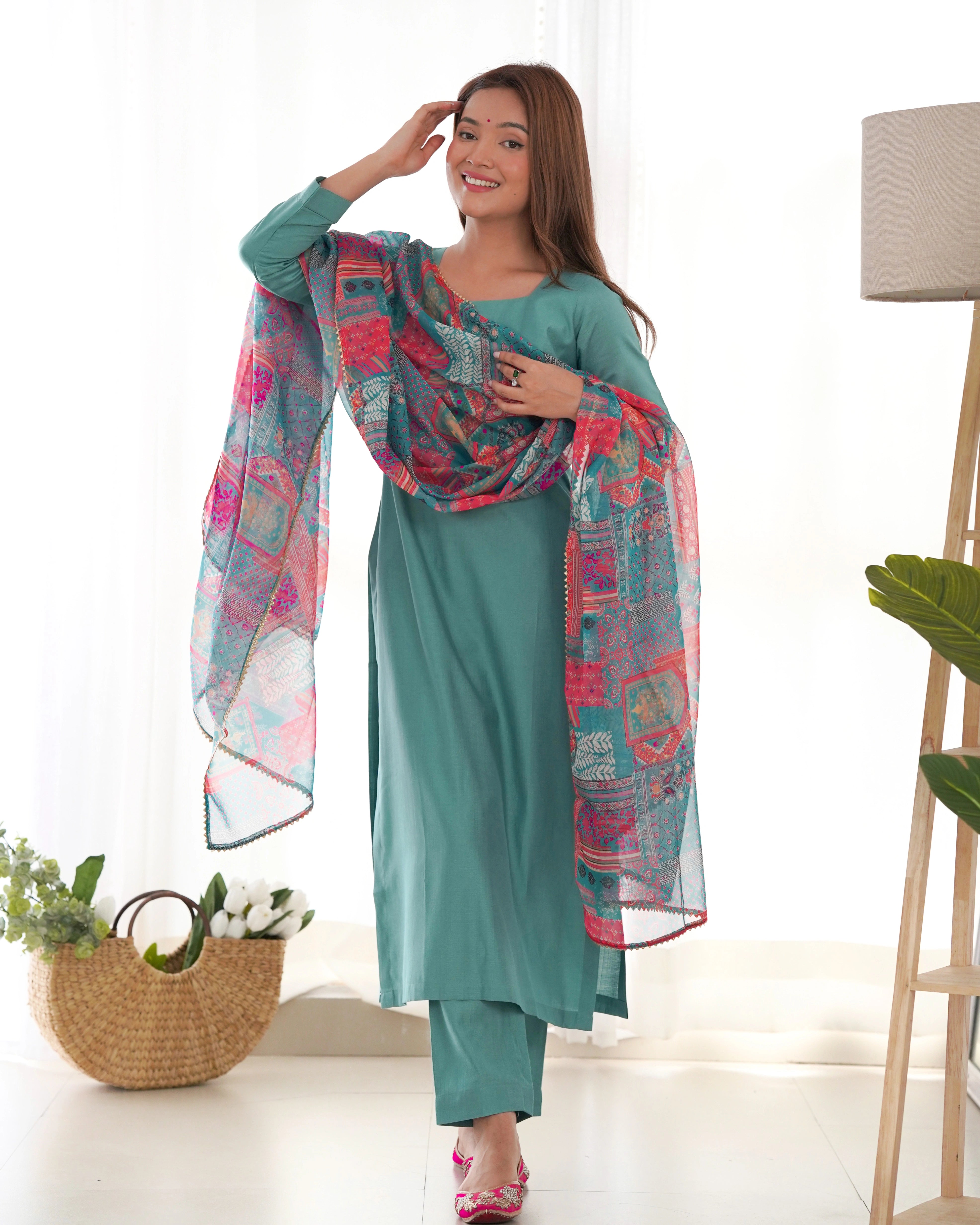 Graceful Sea Green Viscose Kurta Set with Vibrant Floral Organza Dupatta