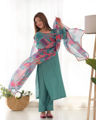 Graceful Sea Green Viscose Kurta Set with Vibrant Floral Organza Dupatta