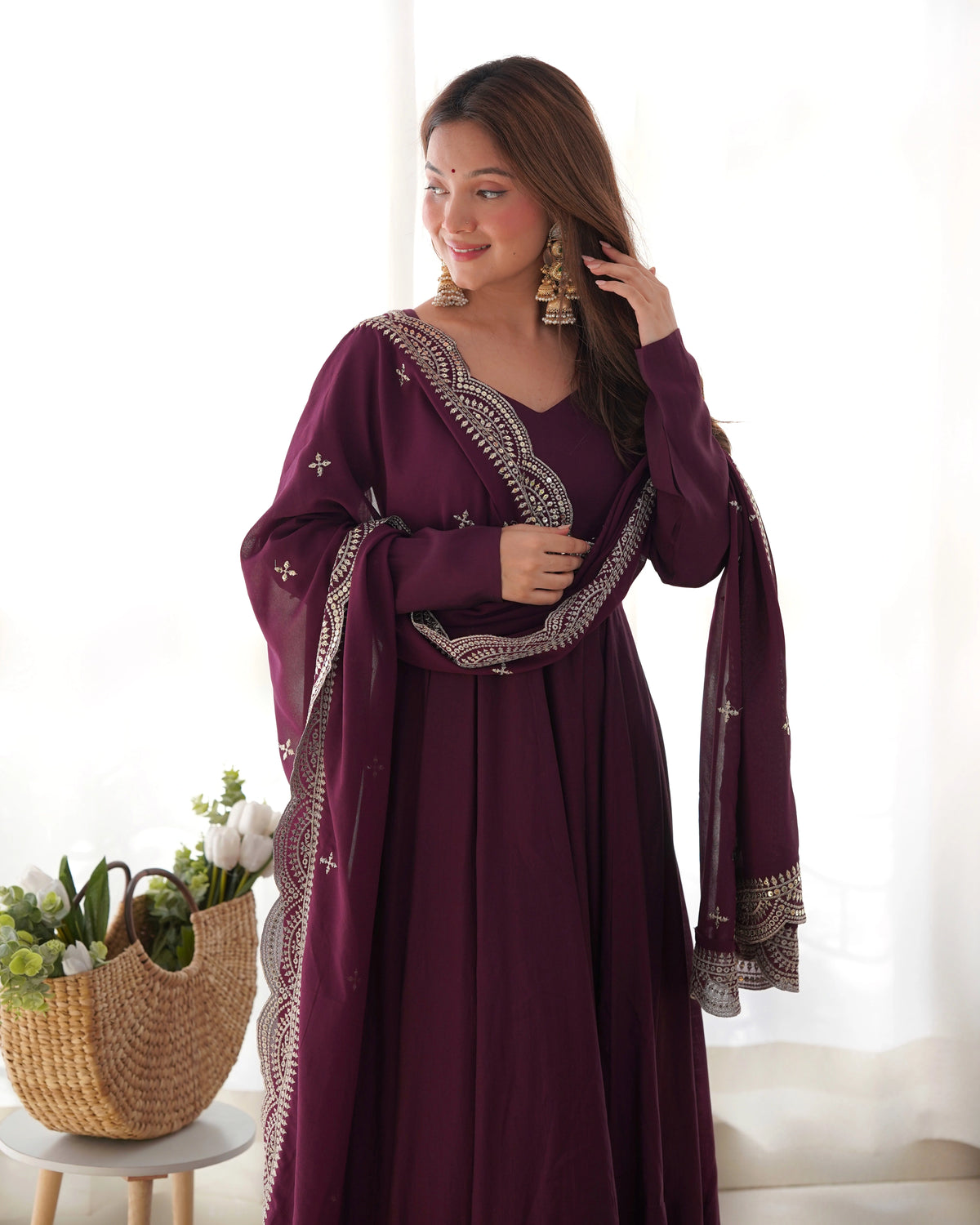 Luxurious Wine Roman Silk Chanderi Anarkali Gown with Cutwork Dupatta