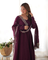 Luxurious Wine Roman Silk Chanderi Anarkali Gown with Cutwork Dupatta