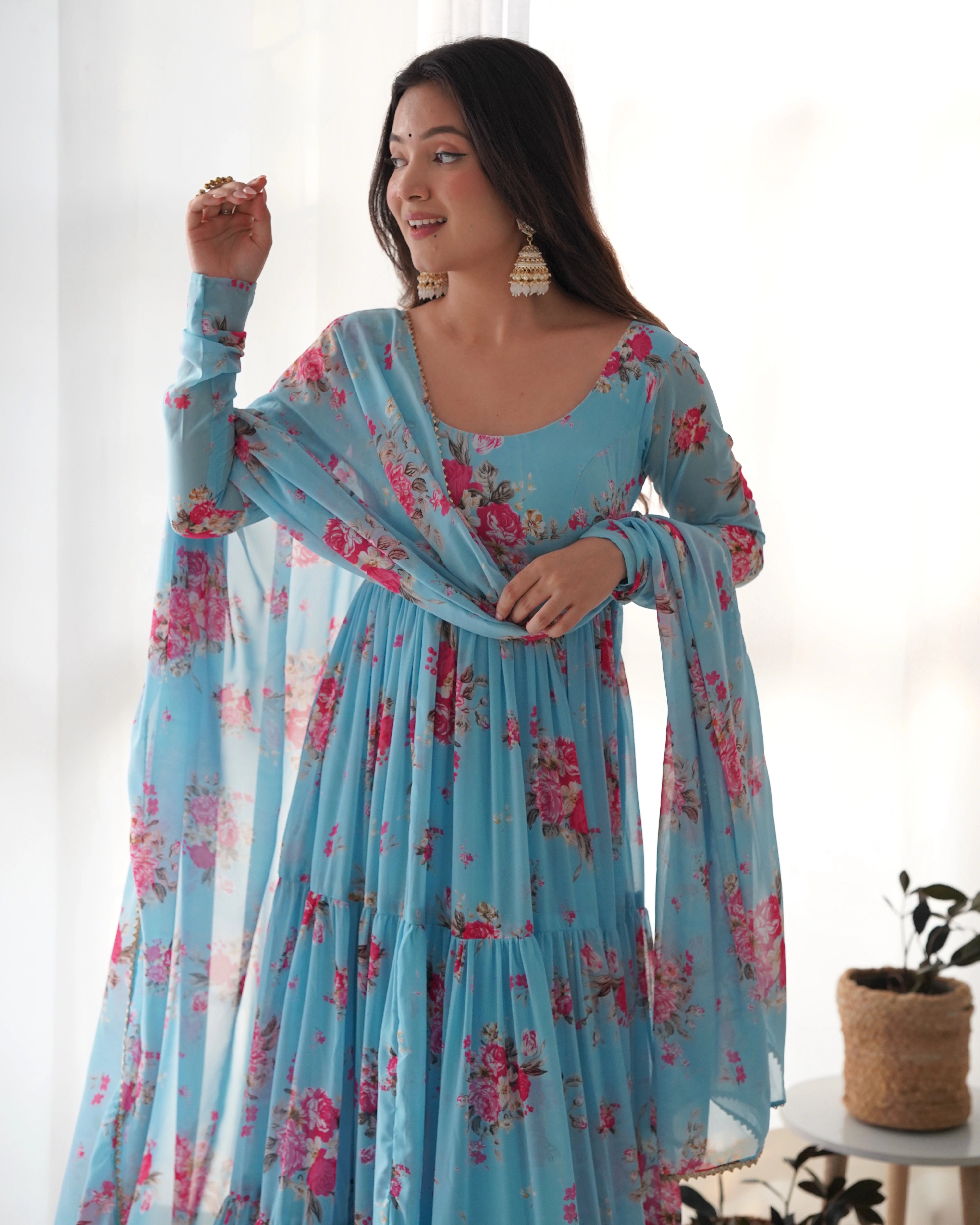 Refreshing Sky Blue Floral Georgette Anarkali Set with Three-Layer Gathering