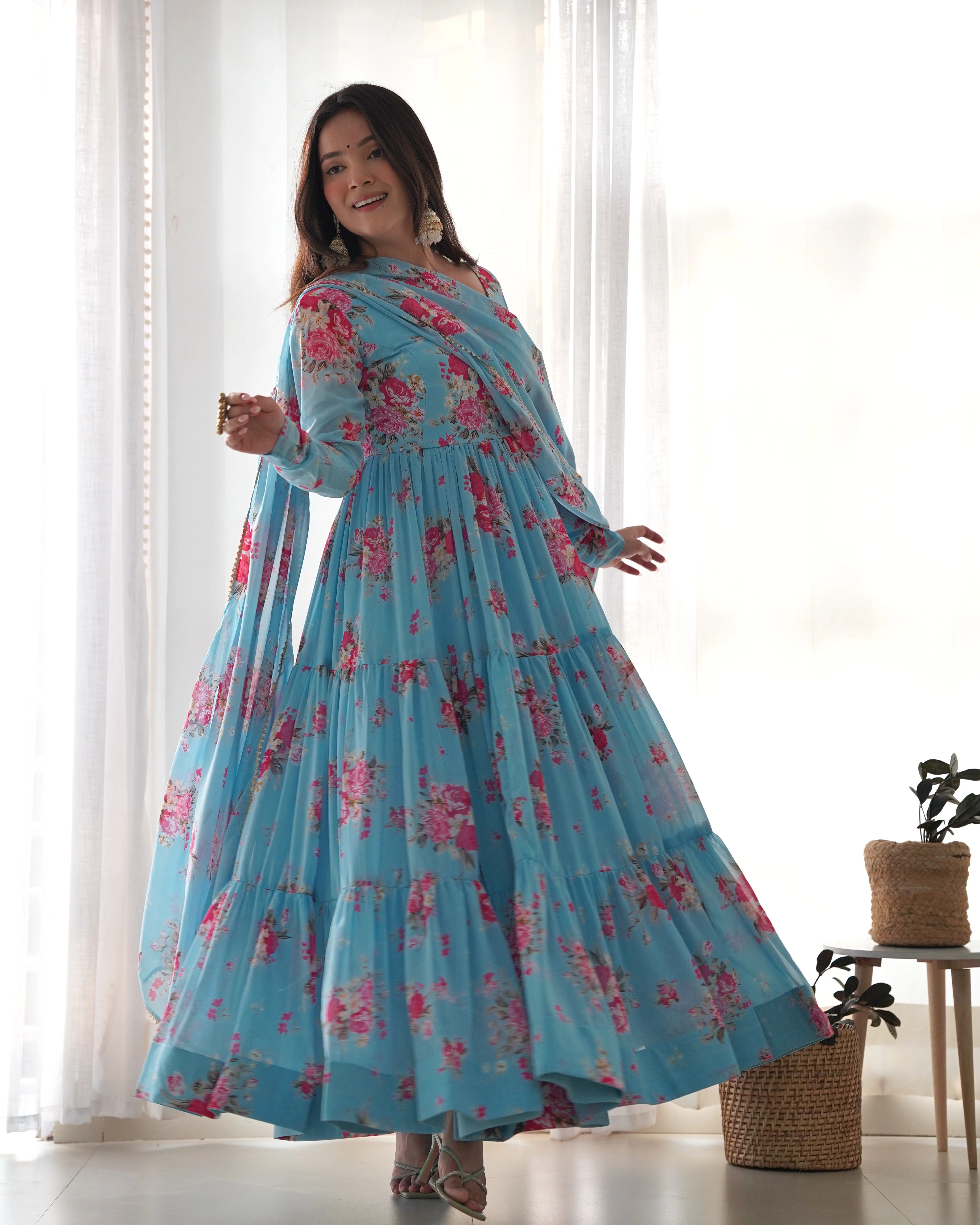 Refreshing Sky Blue Floral Georgette Anarkali Set with Three-Layer Gathering