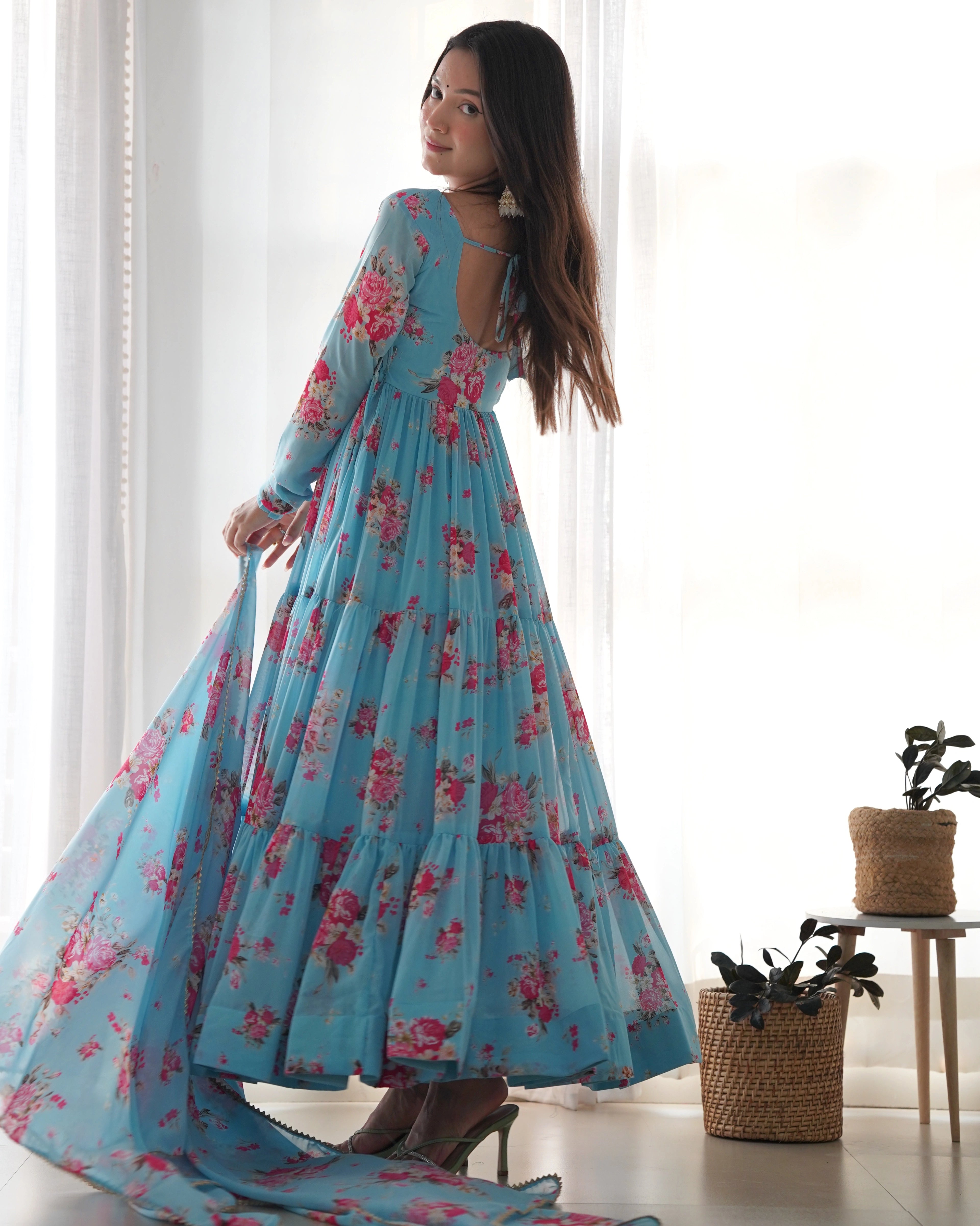 Refreshing Sky Blue Floral Georgette Anarkali Set with Three-Layer Gathering