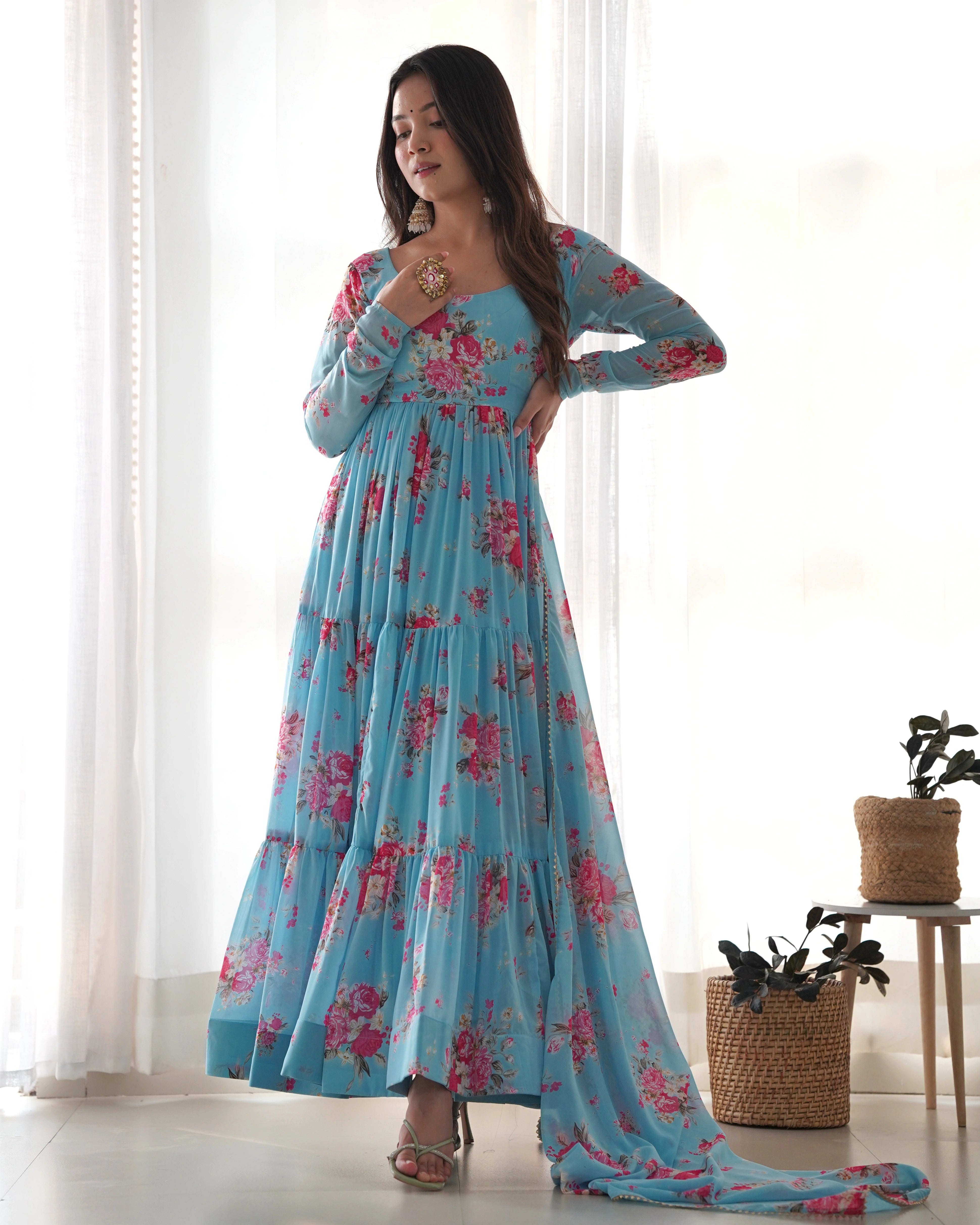 Refreshing Sky Blue Floral Georgette Anarkali Set with Three-Layer Gathering