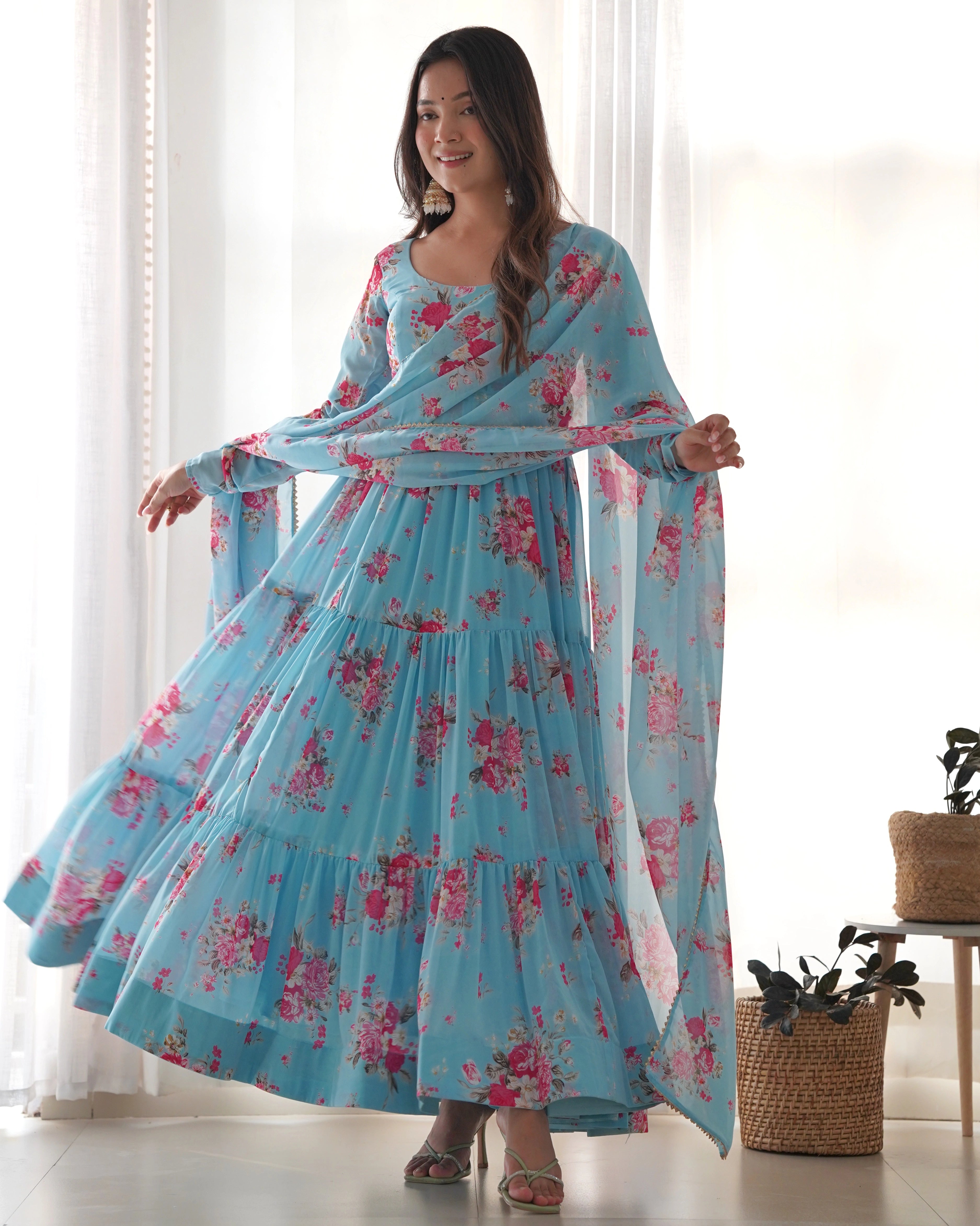 Refreshing Sky Blue Floral Georgette Anarkali Set with Three-Layer Gathering