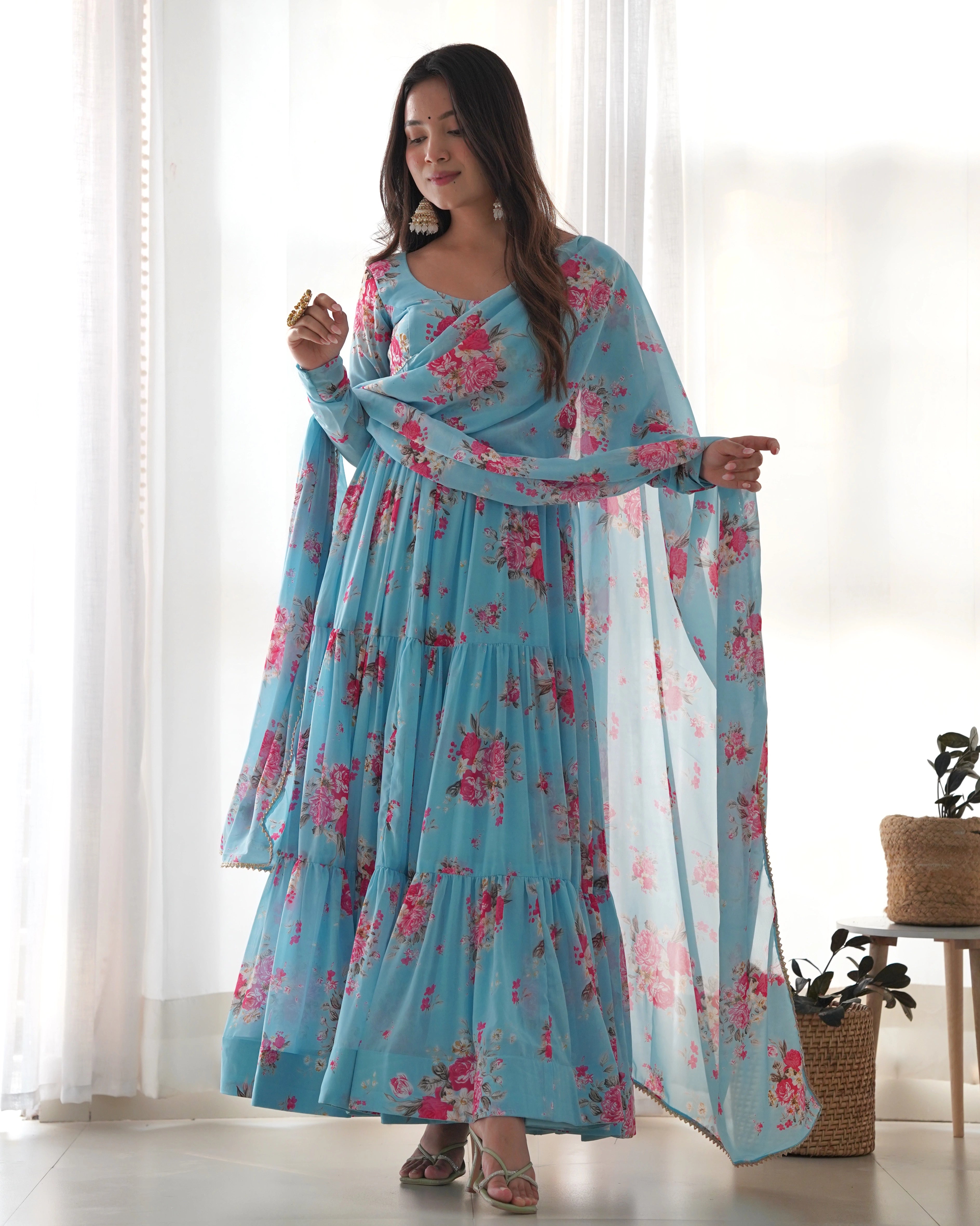 Refreshing Sky Blue Floral Georgette Anarkali Set with Three-Layer Gathering