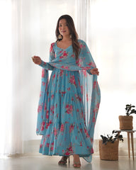 Refreshing Sky Blue Floral Georgette Anarkali Set with Three-Layer Gathering