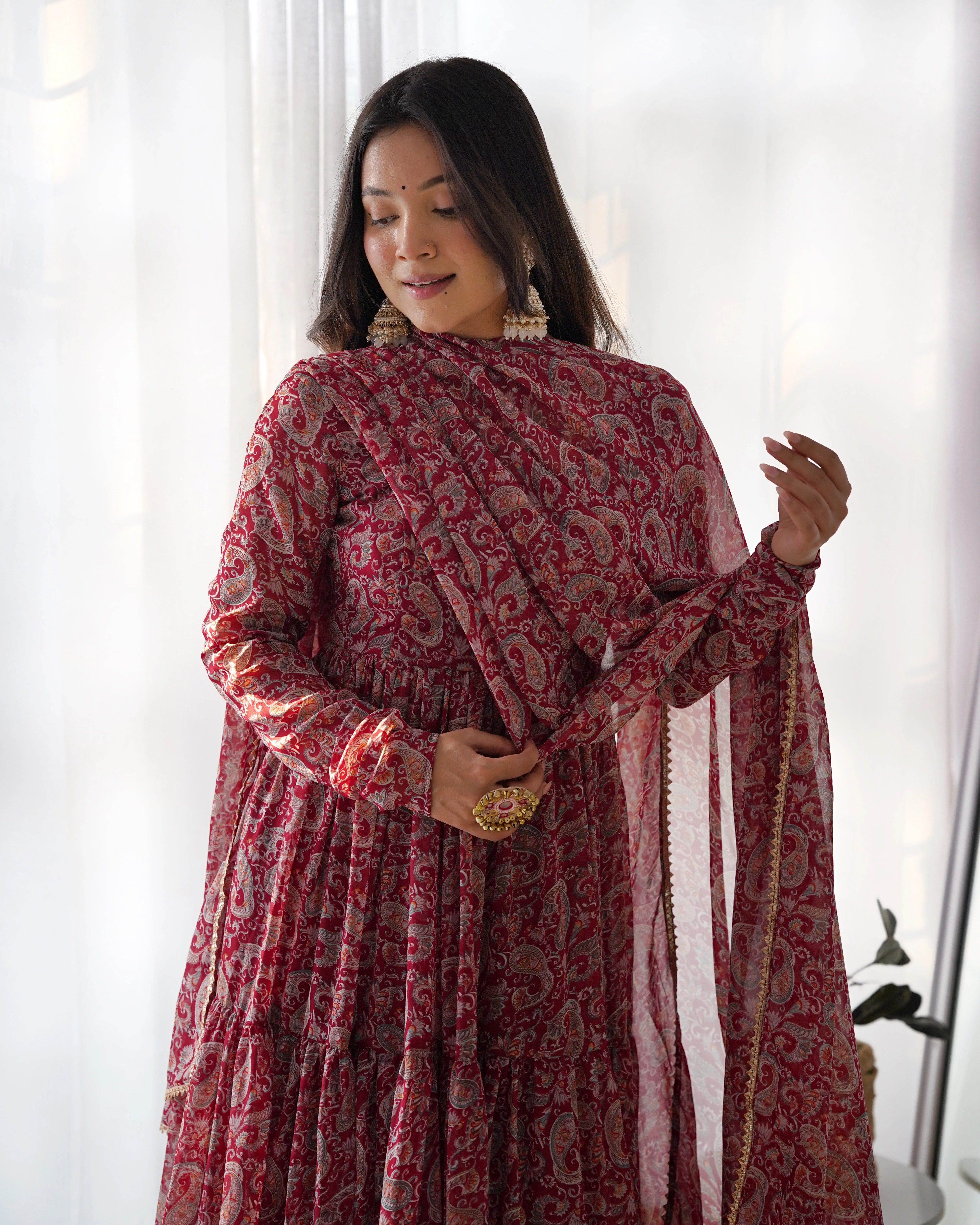 Elegant Red Kalamkari Georgette Anarkali Set with Three-Layer Gathering