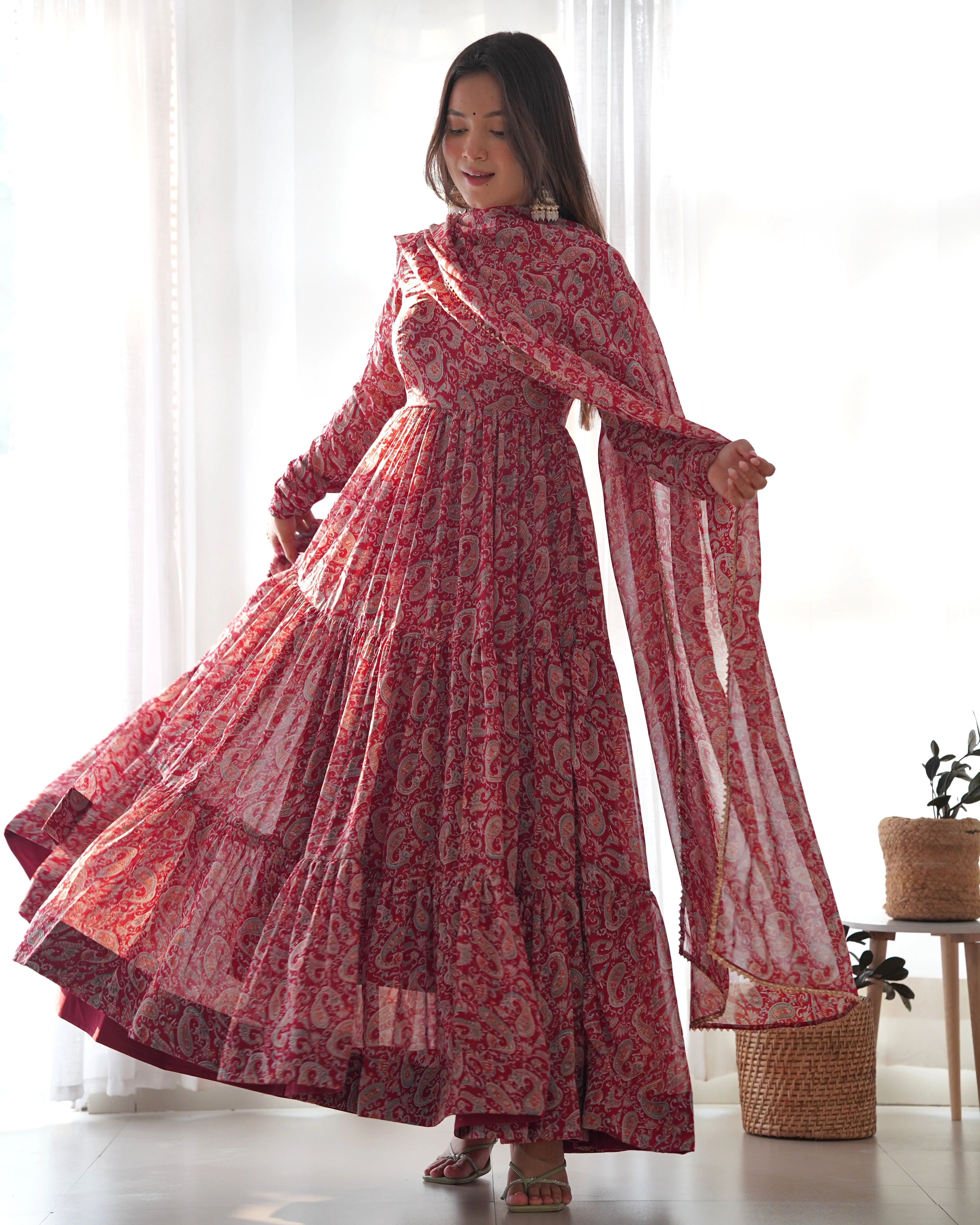 Elegant Red Kalamkari Georgette Anarkali Set with Three-Layer Gathering