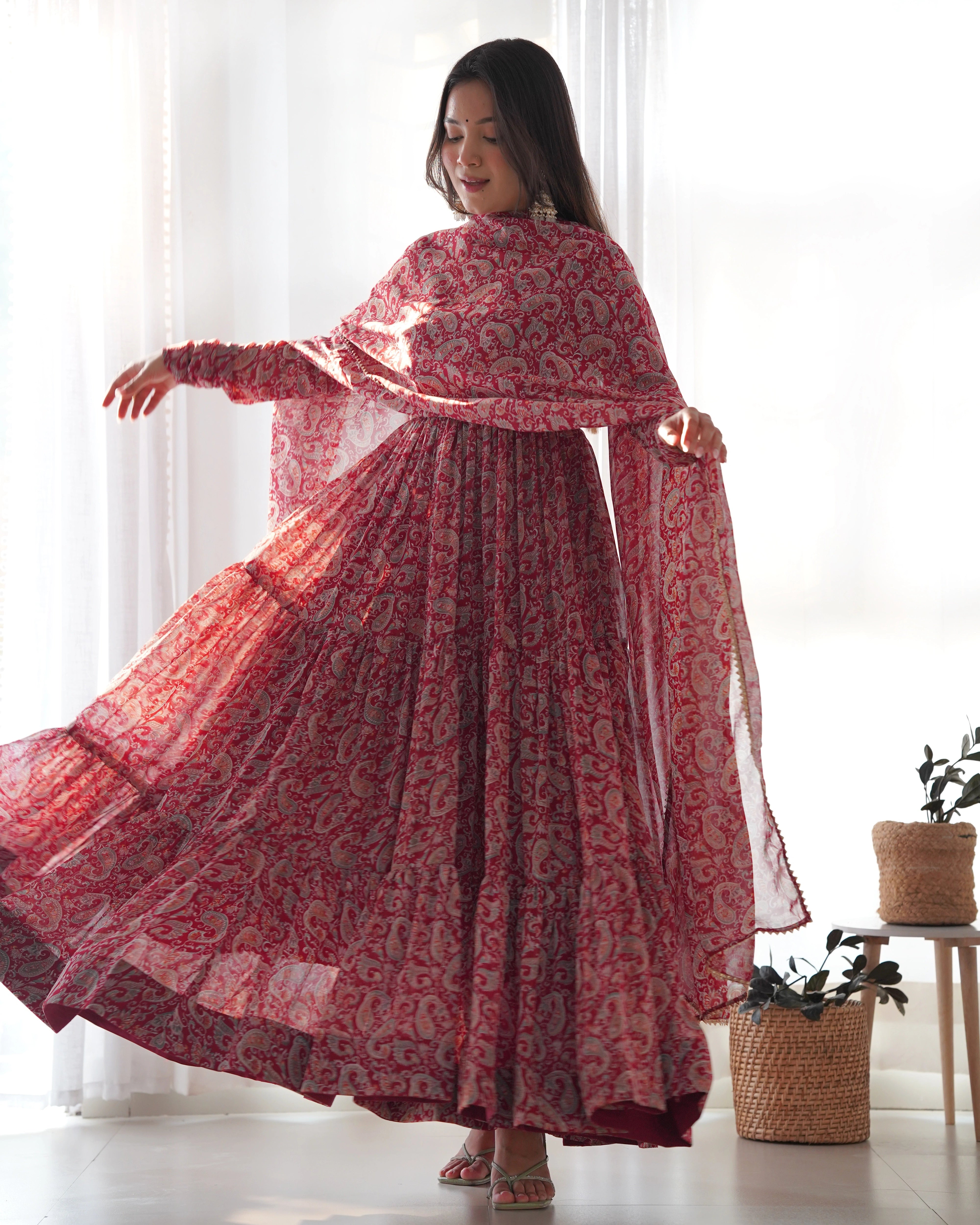 Elegant Red Kalamkari Georgette Anarkali Set with Three-Layer Gathering