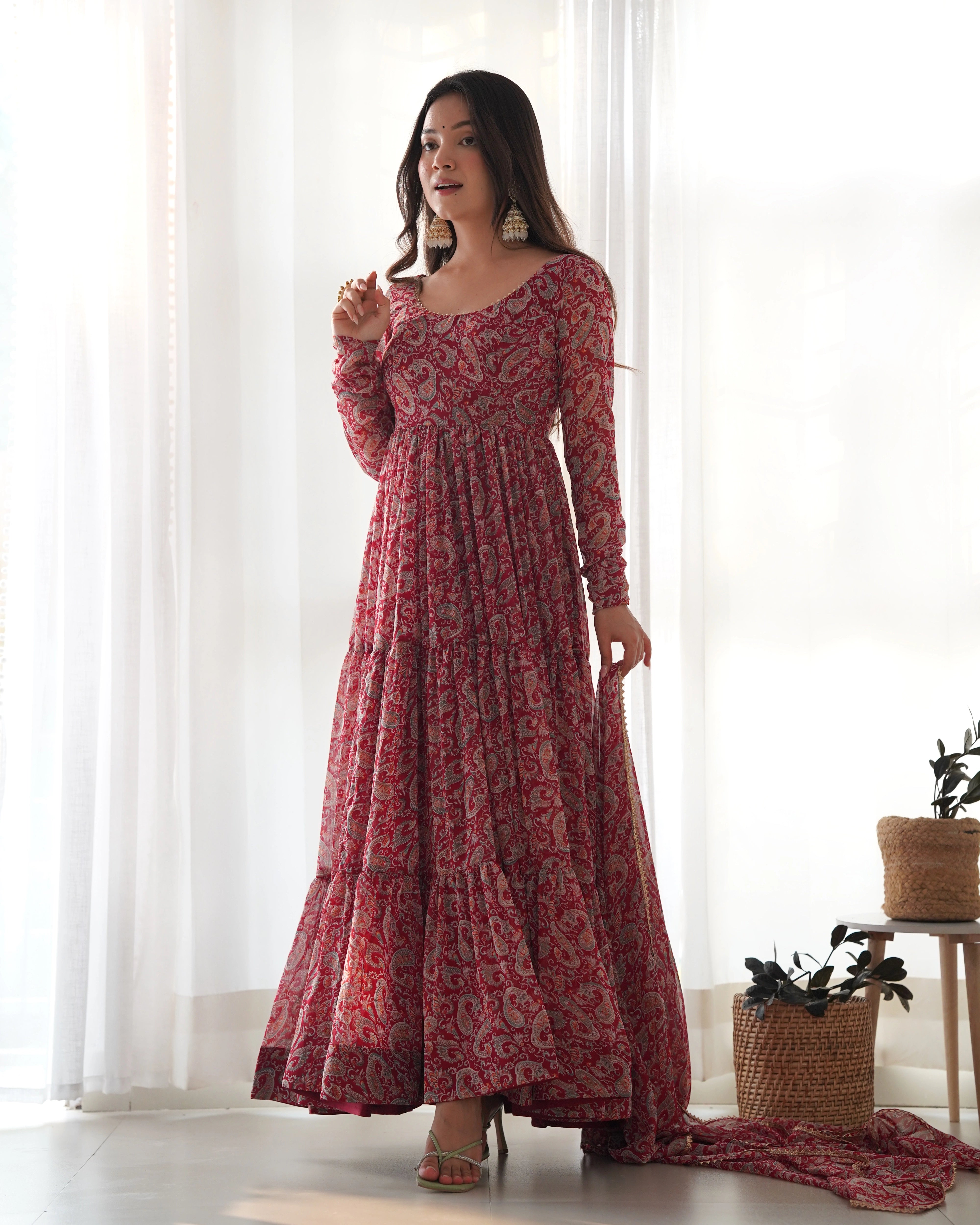 Elegant Red Kalamkari Georgette Anarkali Set with Three-Layer Gathering