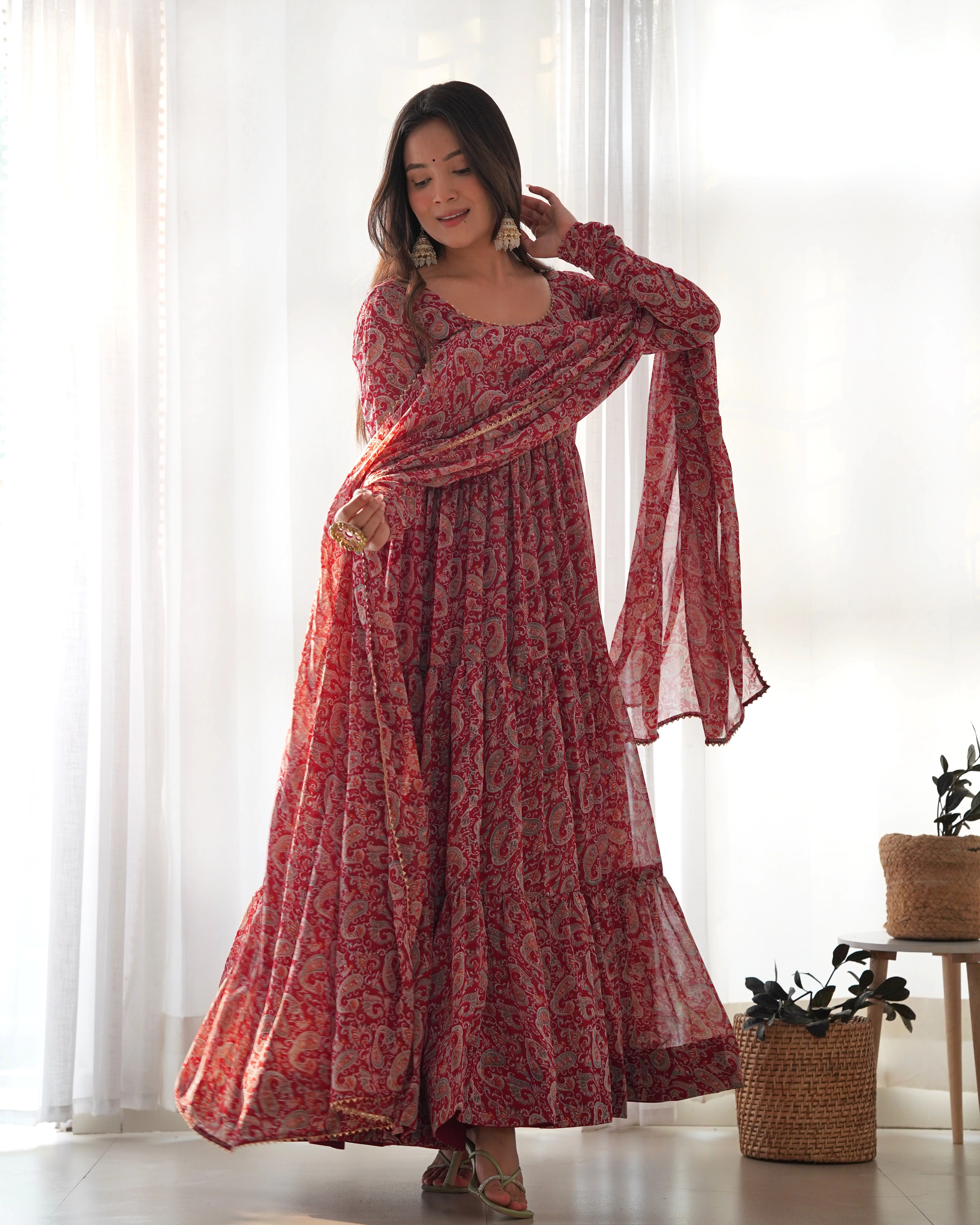 Elegant Red Kalamkari Georgette Anarkali Set with Three-Layer Gathering