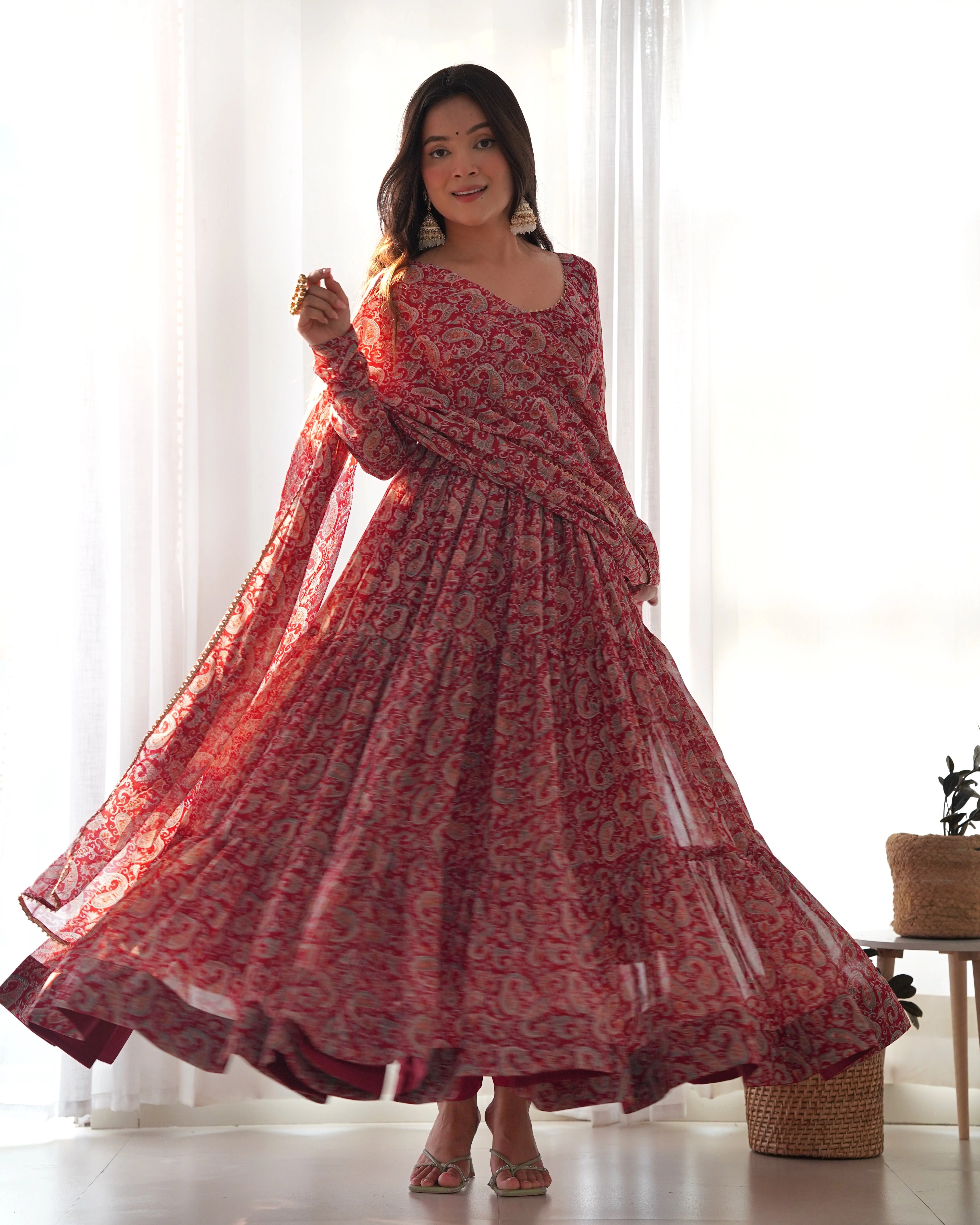 Elegant Red Kalamkari Georgette Anarkali Set with Three-Layer Gathering