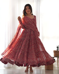 Elegant Red Kalamkari Georgette Anarkali Set with Three-Layer Gathering