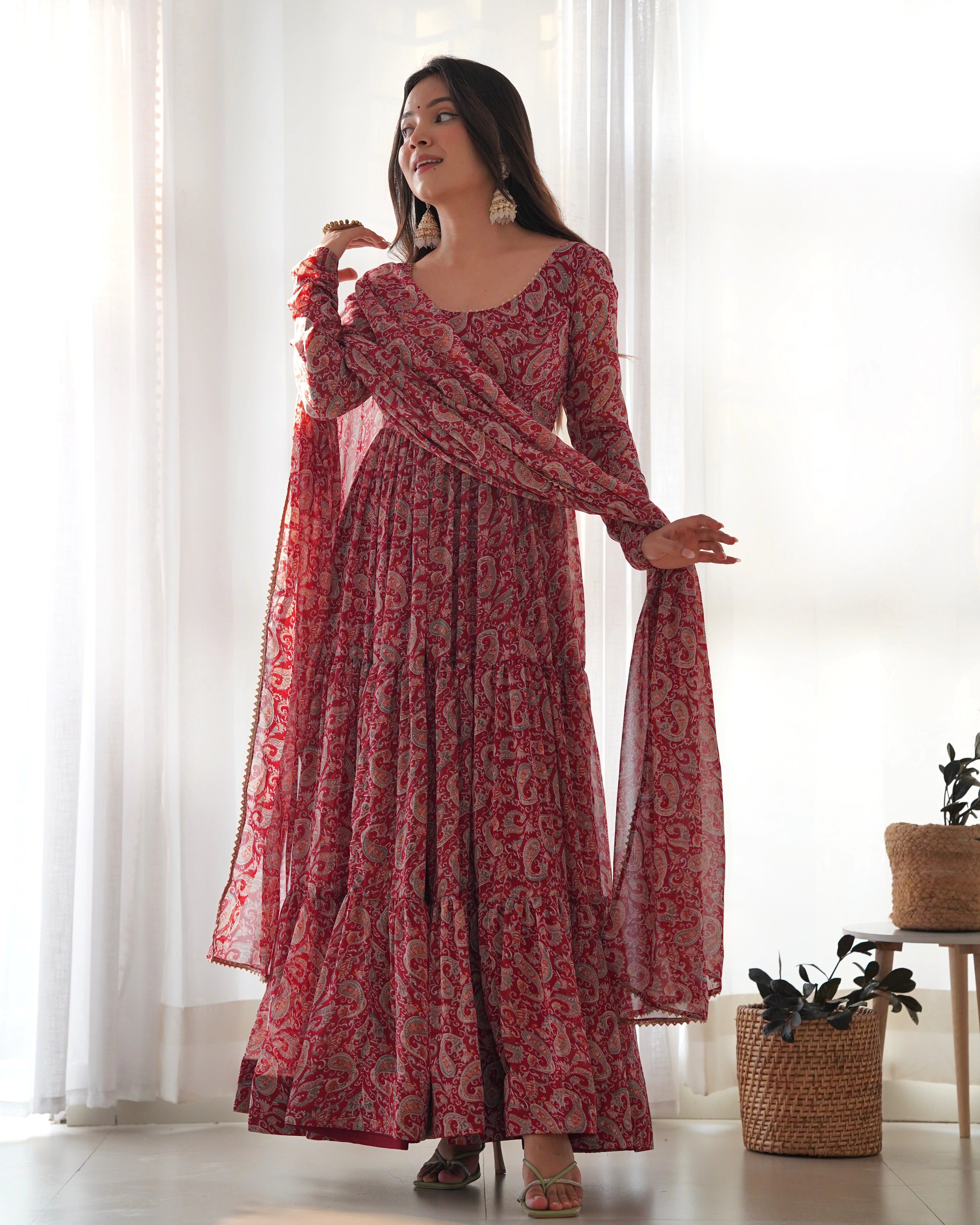 Elegant Red Kalamkari Georgette Anarkali Set with Three-Layer Gathering