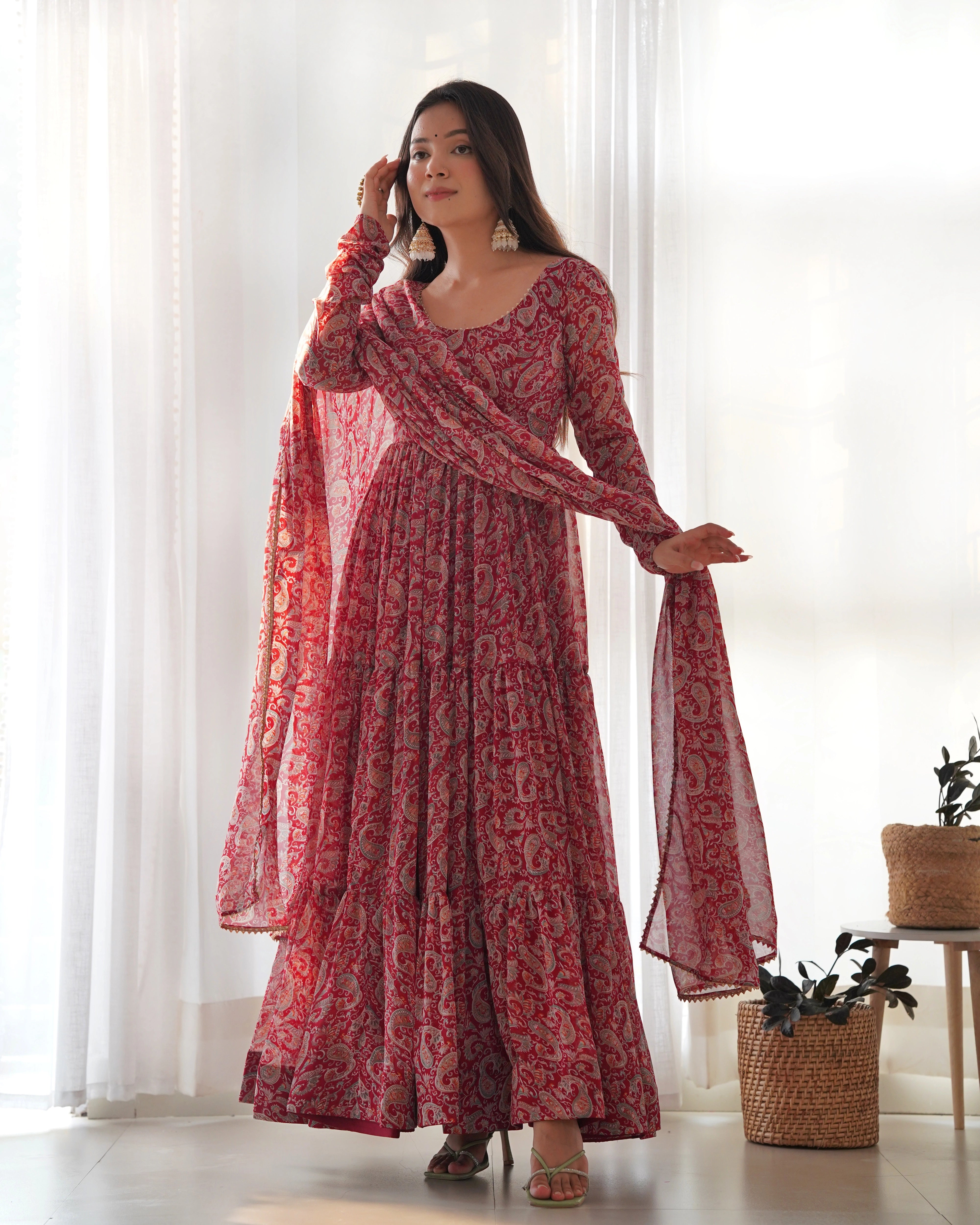 Elegant Red Kalamkari Georgette Anarkali Set with Three-Layer Gathering