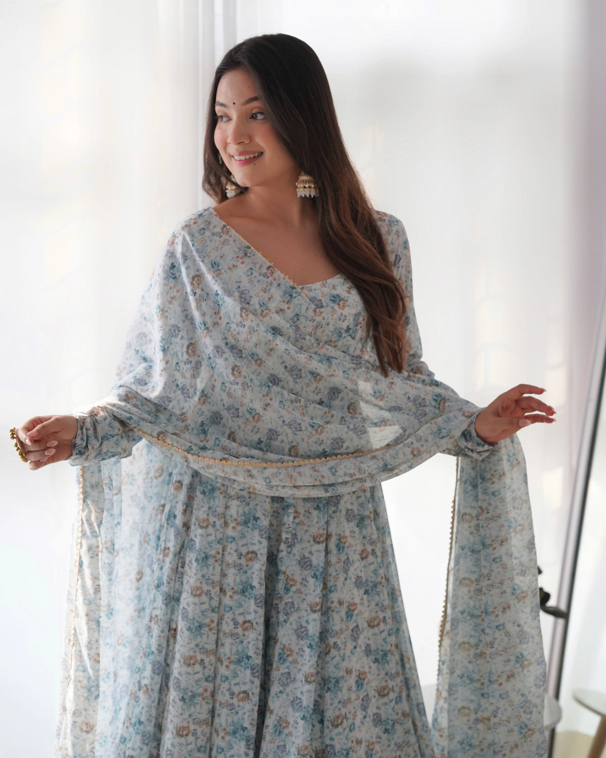 Graceful Floral Sky Blue Anarkali Set with Chiffon Dupatta for Summer Weddings